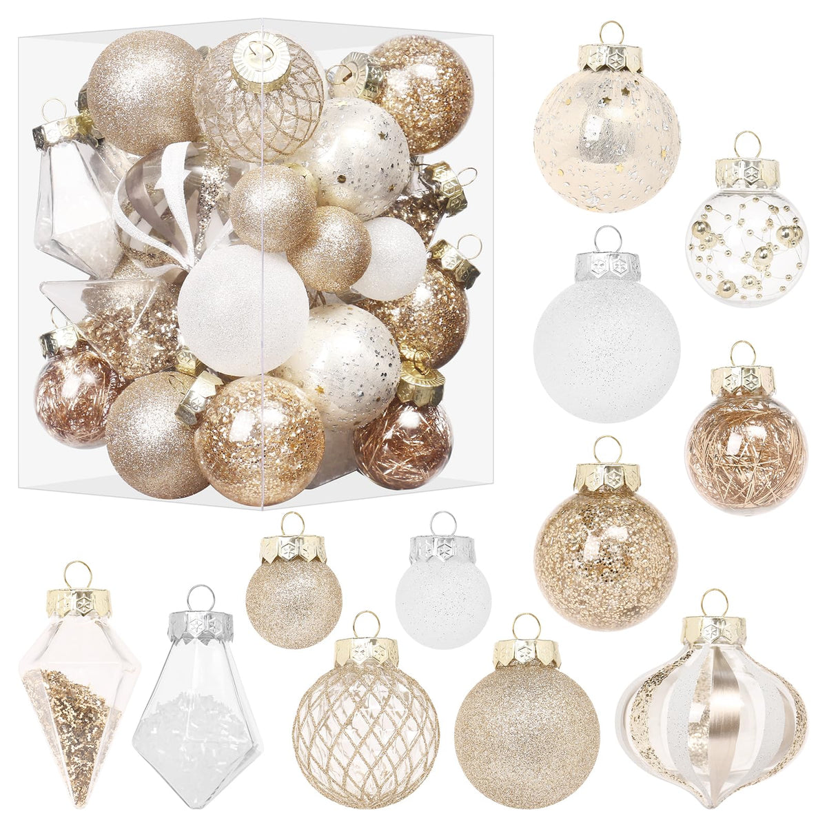 MoonXmas 34PCS Champagne/White Christmas Ball Ornaments Set for Tree Decor