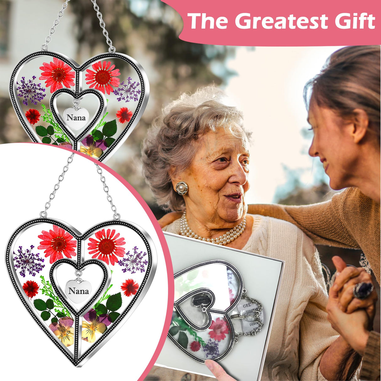 KY&BOSAM Nana Gifts Heart Suncatcher Stained Glass Panel Suncatchers for Window Hanging Ornament Wind Chime Pressed Flower Embedded in Glass and Heart Charm Birthday Gifts for Nana