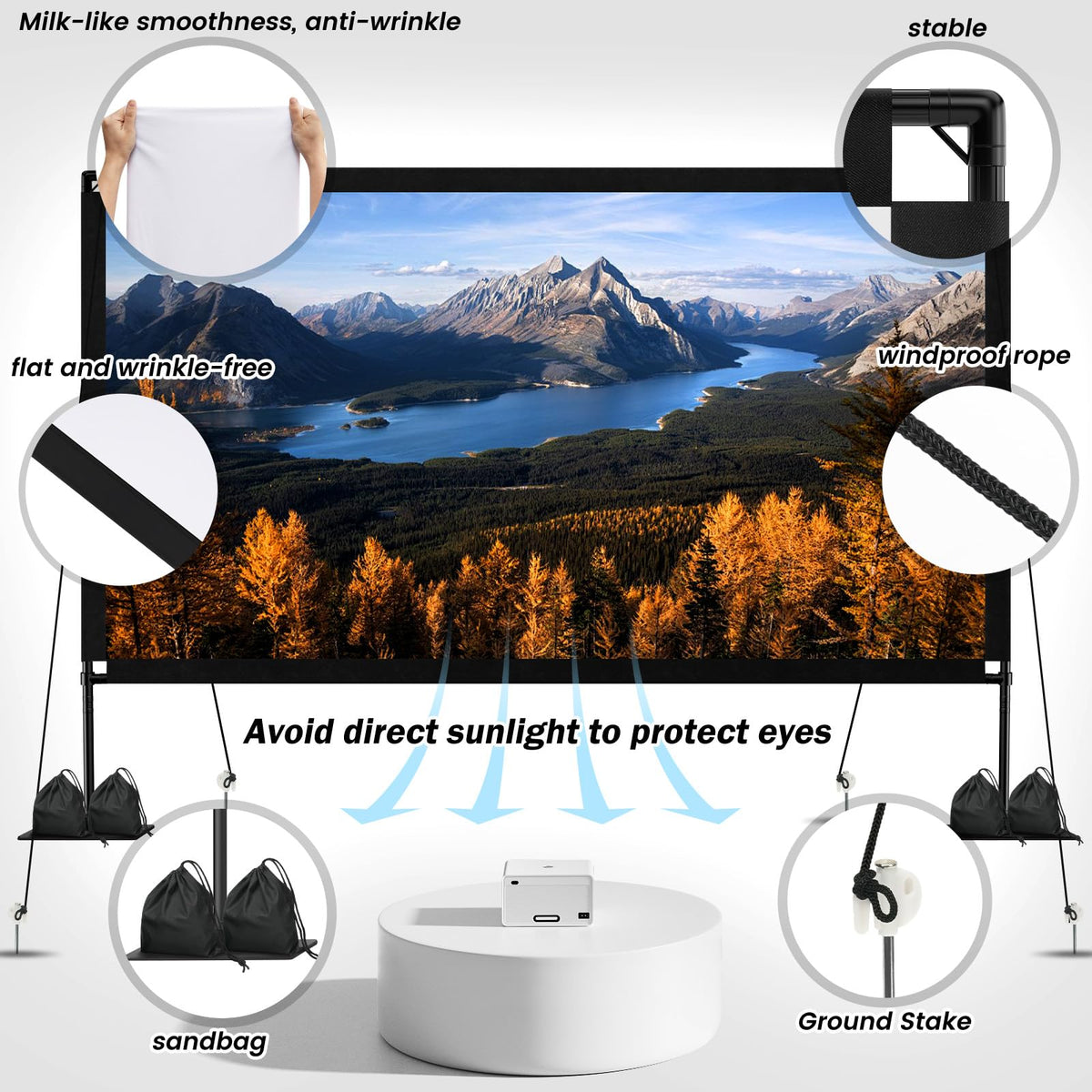 120inch Projector Screen with Stand: Portable Projector Screen Outdoor Indoor Front/Rear16:9 4K HD with Carry Bag Sandbag- Movie Screen for Backyard Moive Night, Camping, Theater