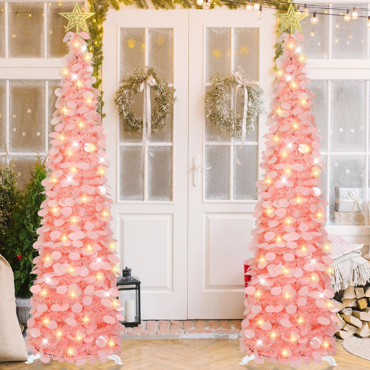 HMASYO 5 FT Pop Up Christmas Tree with Timer Lights, Pink Christmas Tinsel Tree, Collapsible Artificial Pencil Christmas Tree for Indoor Home Apartment Porch Holiday Party Decorations