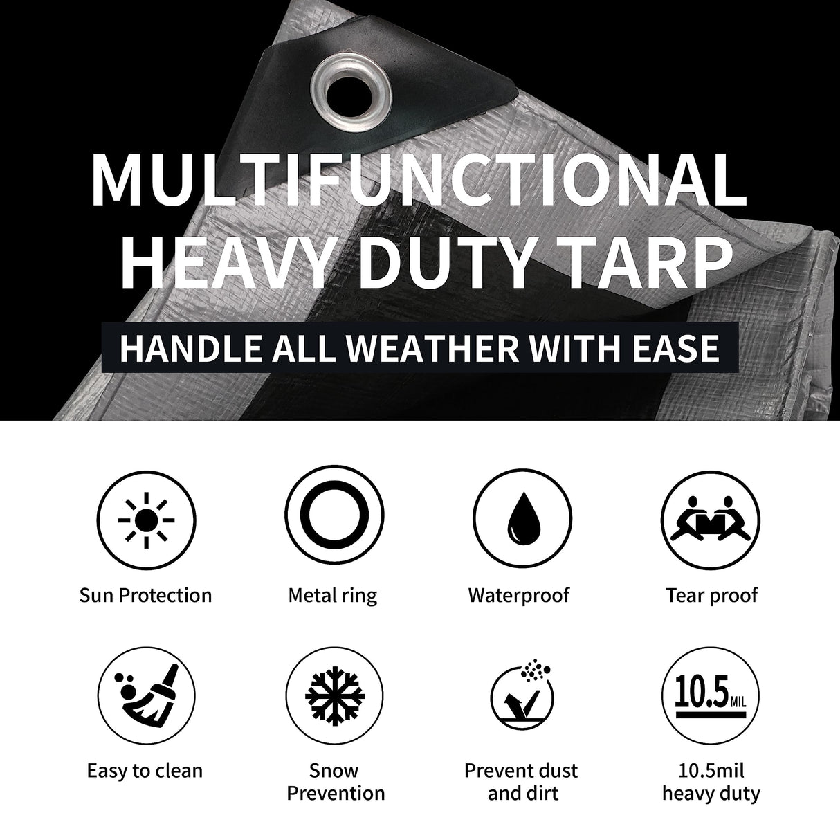 TARPAL Small Tarps 4x6 Feet(2-Pack) Heavy Duty Tarp 10.5Mil Multipurpose Protective Cover Waterproof,Snow or UV Protection,Durable Reinforced Edges,Silver/Black