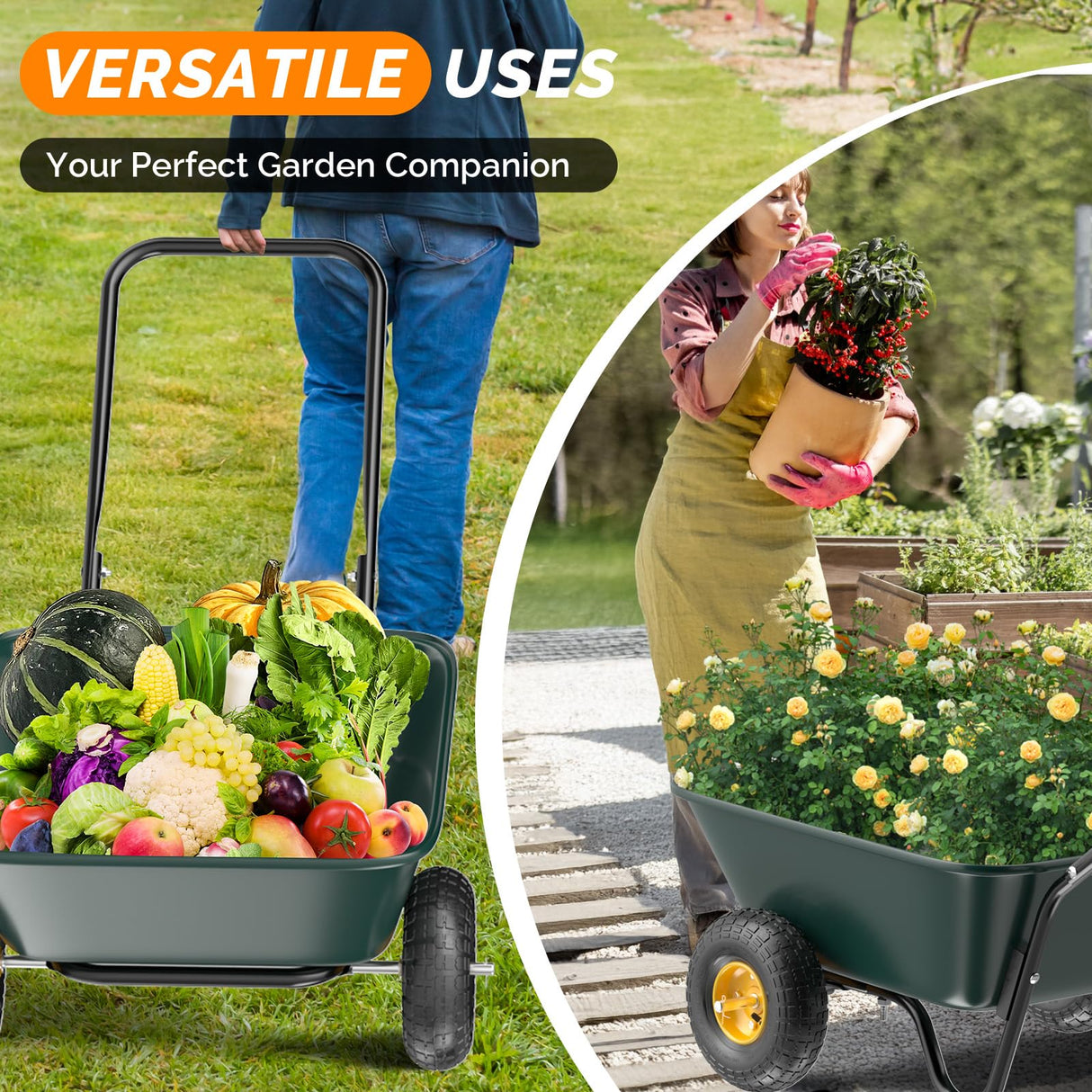 VINGLI 2 Wheel Wheelbarrow, Plastic and Steel Wheel Barrel, 330lbs Capacity Garden Cart for Lawn, Gardening, Construction