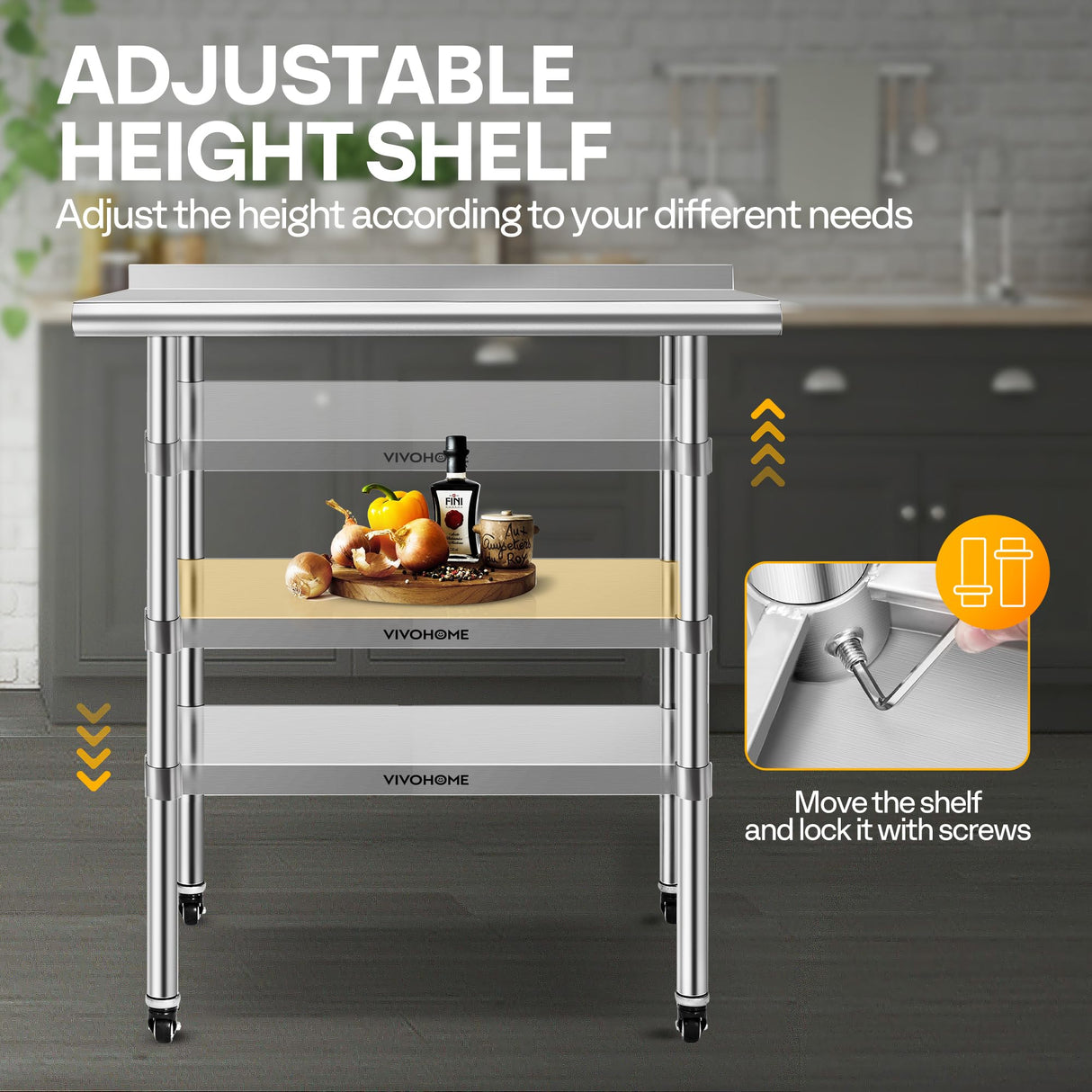 VIVOHOME 24 x 36 Inch Stainless Steel Work Table with Backsplash, Prep Commercial Table with Wheels for Restaurant, Hotel, Home and Warehouse