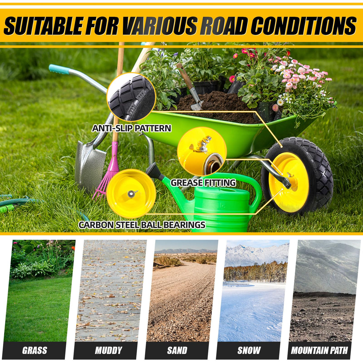MZREXN 4.80/4.00-8" Wheelbarrow Tires, 15" Flat Free Tire and Wheel