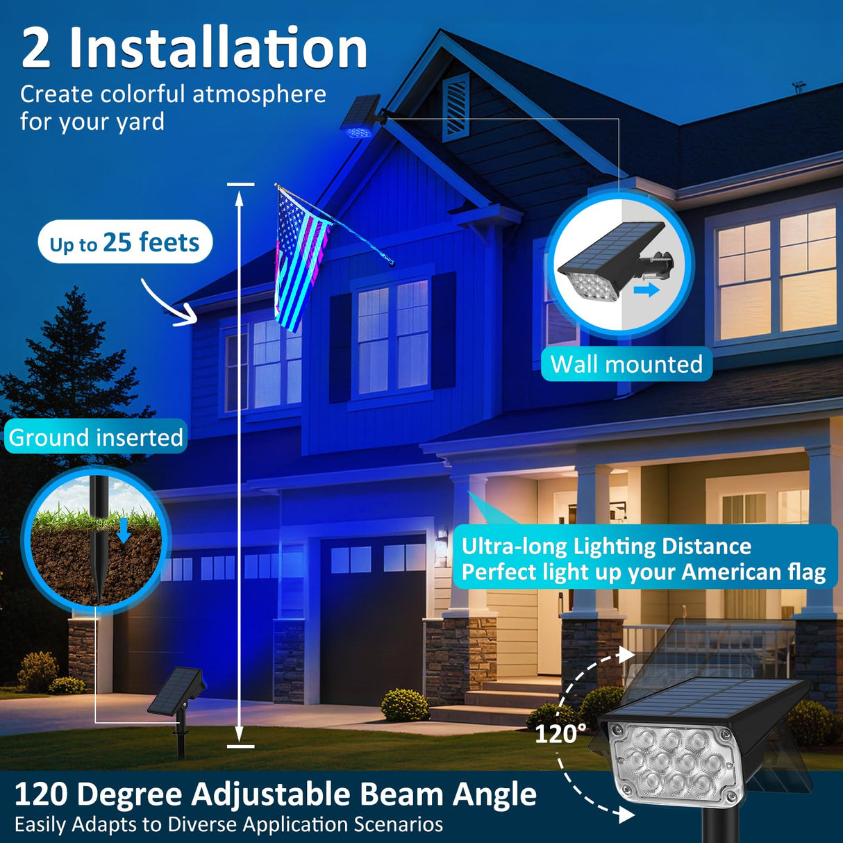 T-SUNUS Halloween Solar Color Landscape Spotlights Outdoor, IP65 Waterproof RGB Spot Light 2 Pack Auto Dusk to Dawn Landscaping Wall Lights for Christmas Tree Yard Garden Driveway Porch Walkway Pond