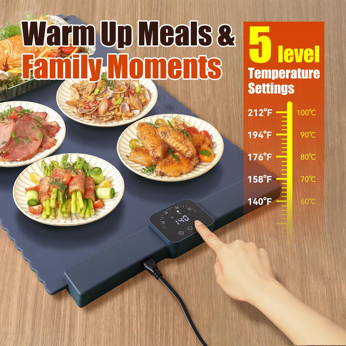 Warming Mat for Food 5 Temperature Settings Silicone Food Warming Mat Roll up Food Warmer with Full Surface Heating Warming Pad Electric Warming Tray for Buffets Party Home (Blue)