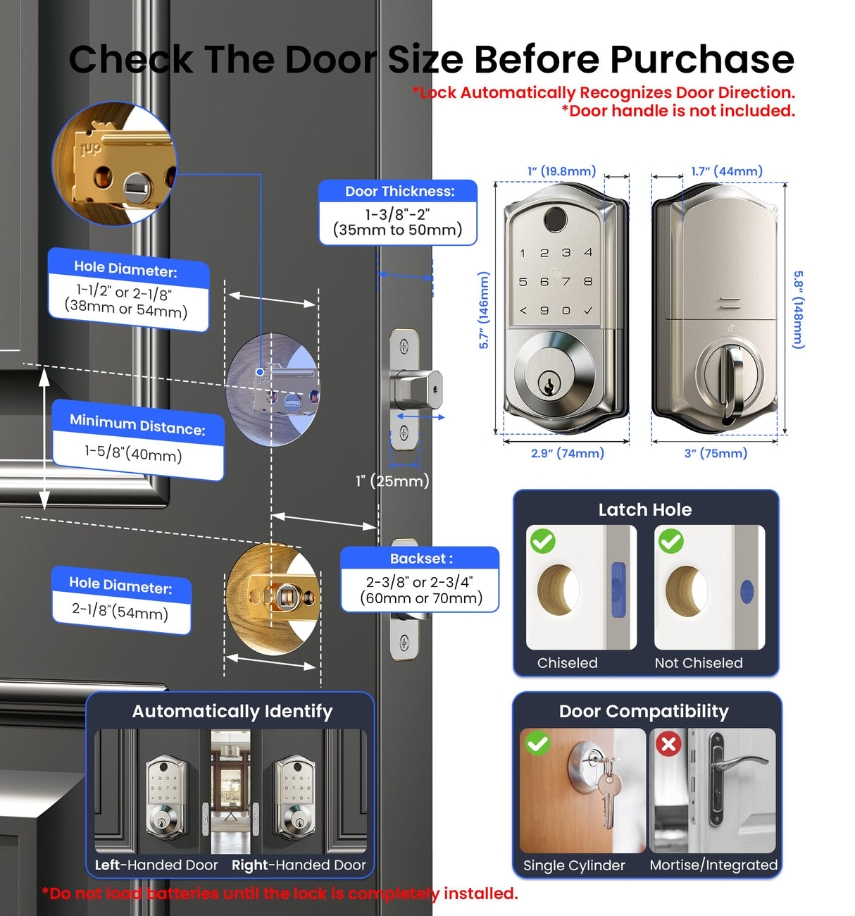 Veise VE017 Fingerprint Smart Door Lock, App Control, 8-in-1 Keyless Entry, Auto Lock, Emergency Power Port, Electronic Touchscreen Keypad, Biometric Smart Locks for Front Door, Satin Nickel