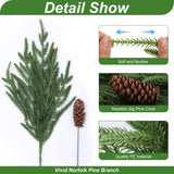 florisso Artificial Christmas Norfolk Pine Stems Branches for Vases,12 Bundles Faux Pine Branches with 5 PCS Big Pinecones Stems Fake Greenery Evergreen Real Touch for Holiday Winter Table Xmas Decor