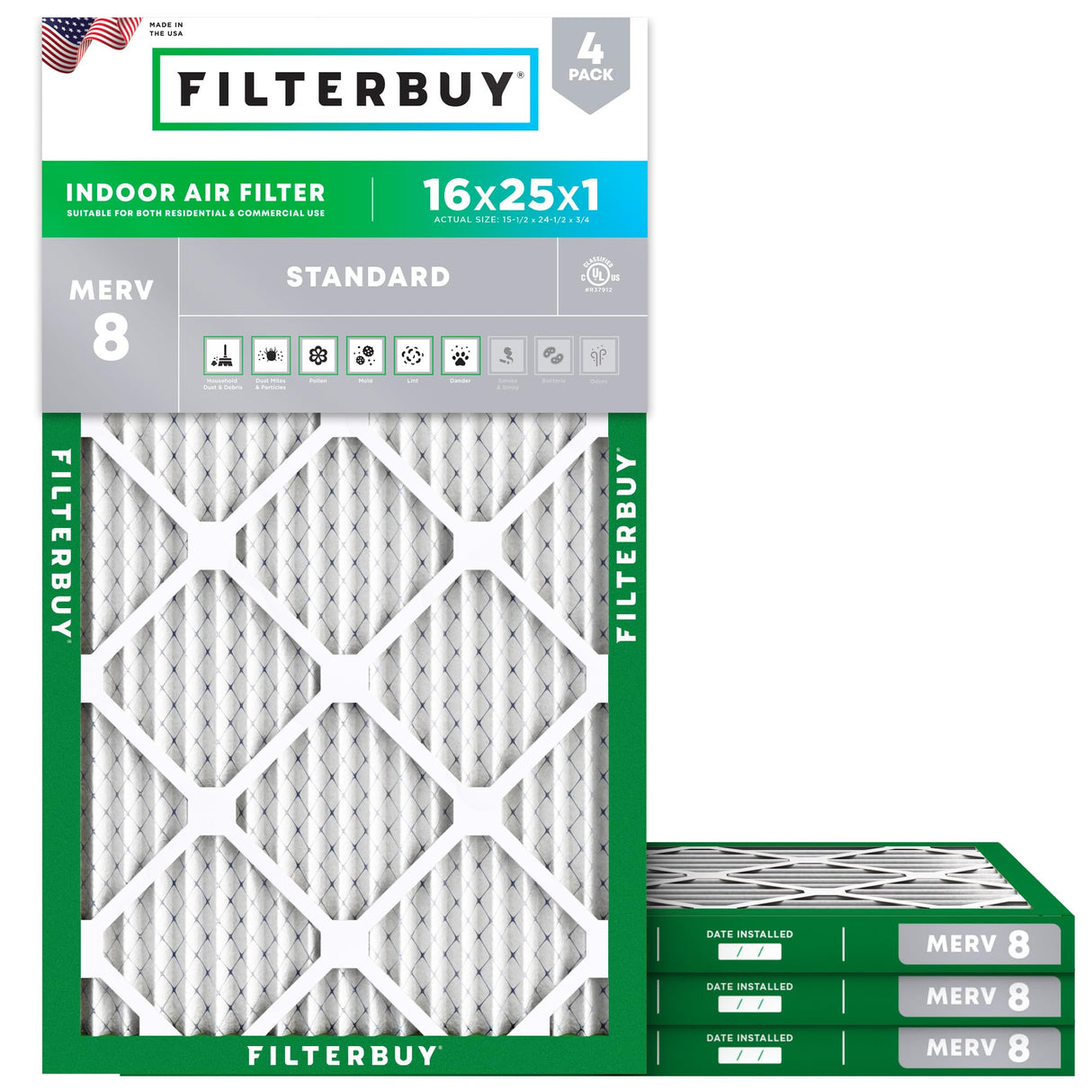 Filterbuy 16x25x1 Air Filter MERV 8 Essential Dust & Allergy Defense (4-Pack), Electrostatic Pleated HVAC AC Furnace Filters Replacement (Actual Size: 15.50 x 24.50 x 0.75)