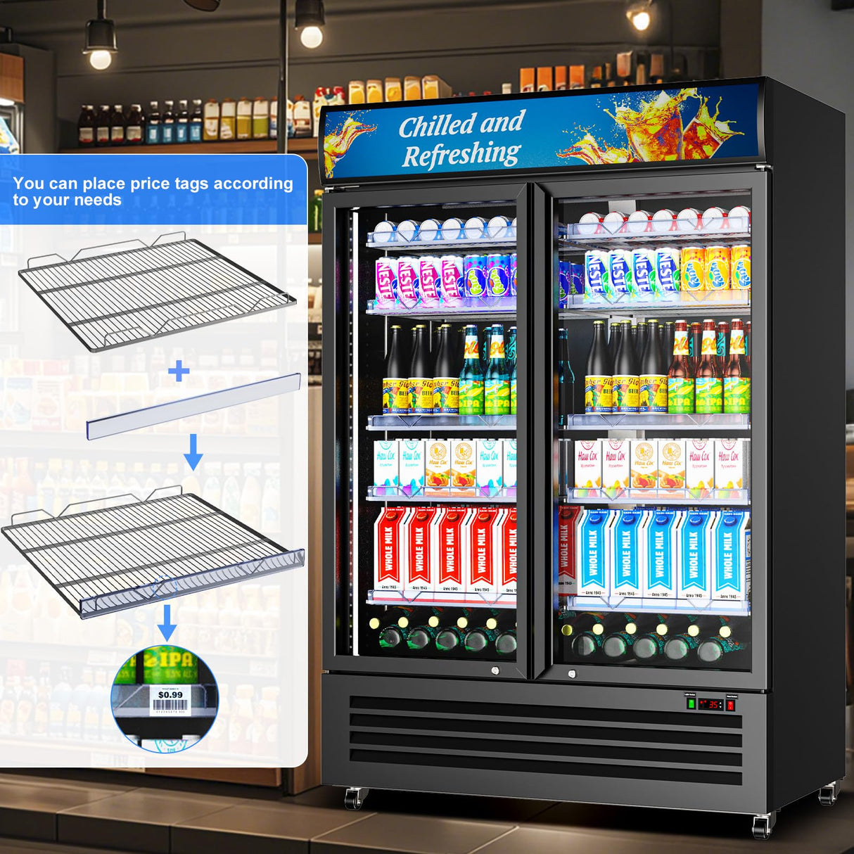 Velieta Commercial Beverage Refrigerator with 2 Glass Door, 383L Display Fridge Beverage Cooler with Customizable Lightbox Adjustable Shelves, Drink Fridge Merchandiser for Restaurant Shop, Black