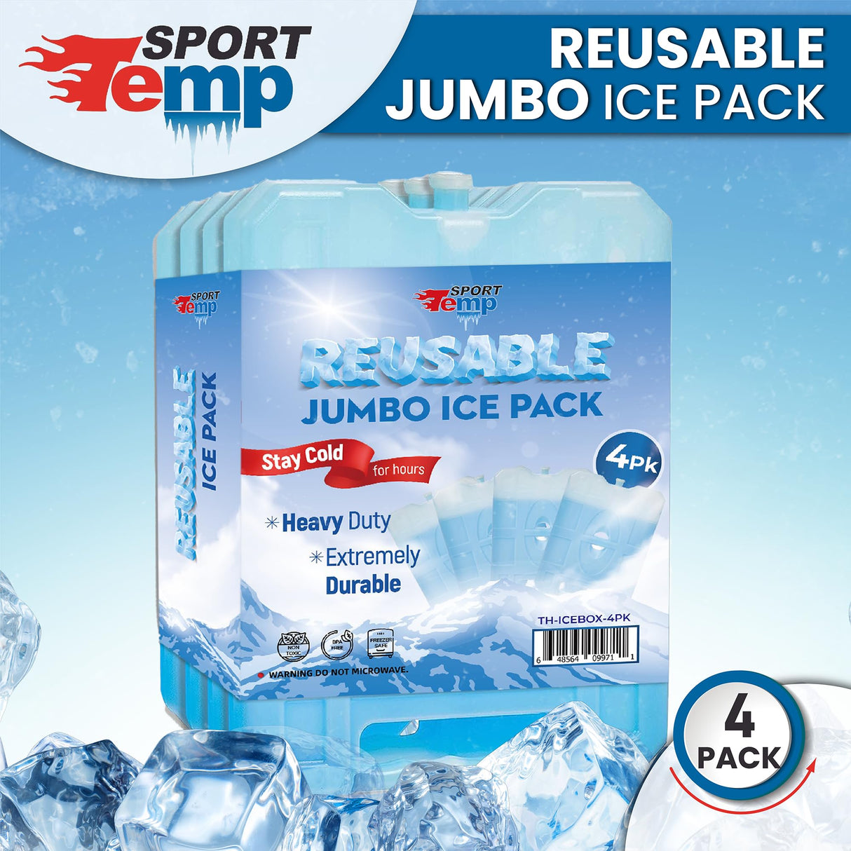 Sport Temp Reusable Large Ice Pack (4 Pack) Long Lasting - Perfect for Keeping Food Or Beverages Cold, Coolers, Camping, Beach Coolers, Hiking & More, Clear Blue