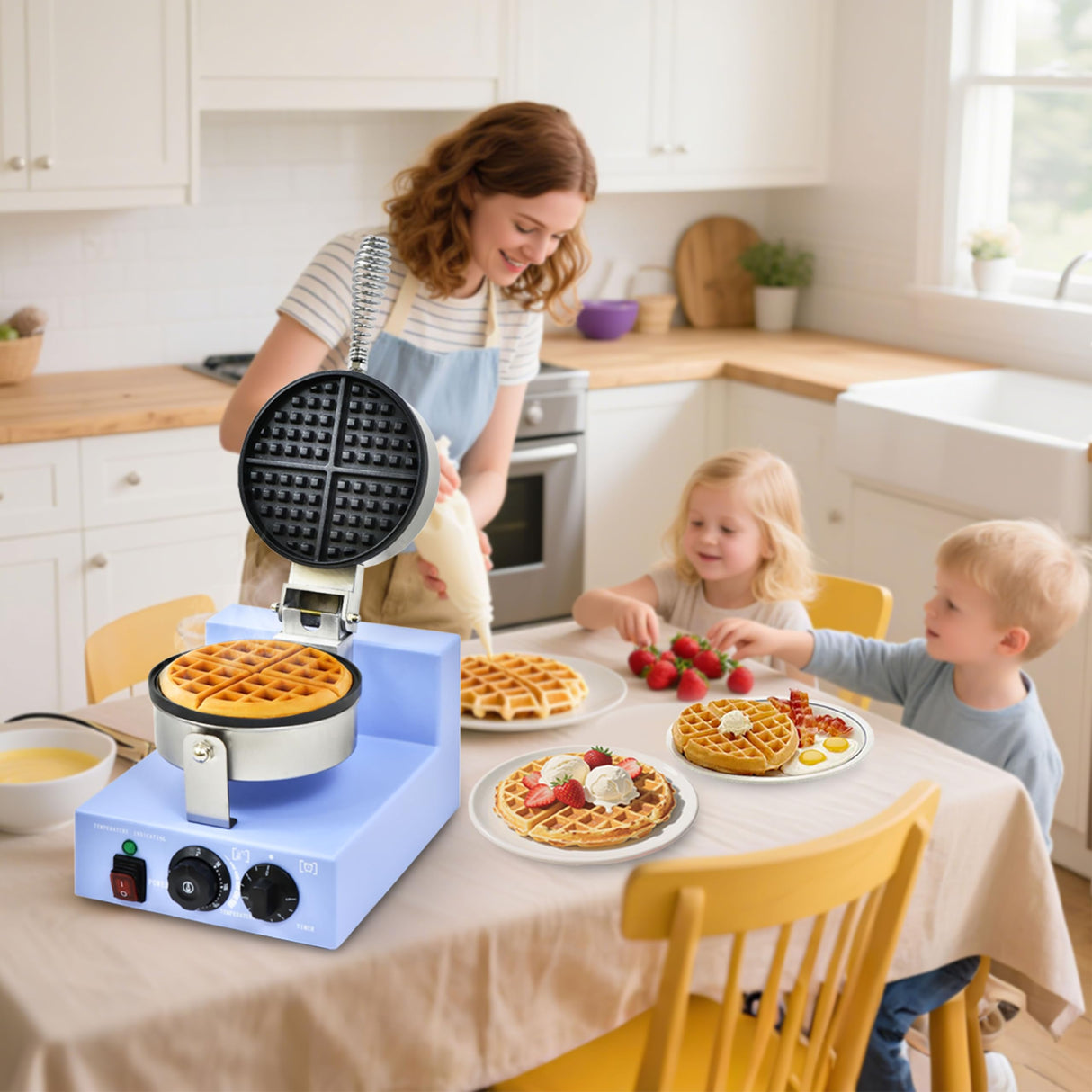 Commercial Waffle Maker, 1200W Round Waffle Iron Machine with Timer & Temp Control, Nonstick Plates, Heat-Resistant Shockproof Non-Conductive Plastic Body (110V, Sky Blue)
