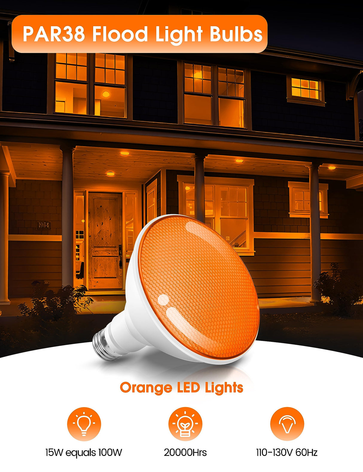 Fulighture Orange Flood Light Bulbs Outdoor 2 Pack, Par38 LED Orange Light Bulbs Not-dimmable15W(100W Equivalent) E26 Halloween Christmas Decorations Light Bulb for Porch Home Holiday Lighting