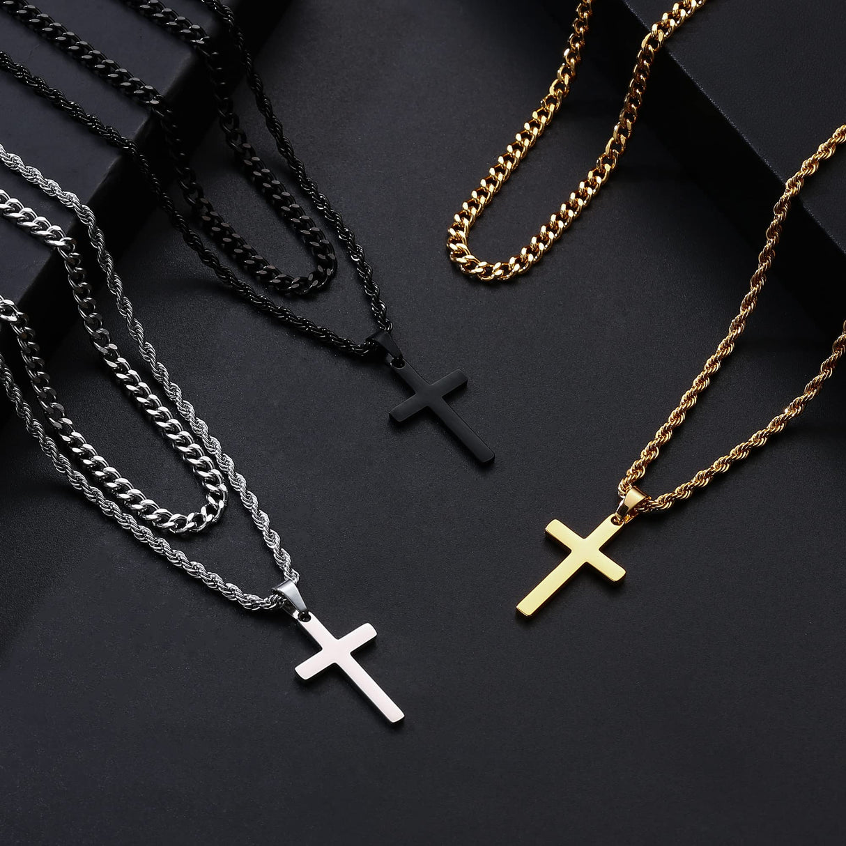 Yooblue Cross Necklace for Men, Mens Necklace Silver Layered Rope Chain Cross Pendant Simple Necklace Jewelry Gifts Dainty Cross Chain Necklace for Men 22 24 Inch Mens Gifts