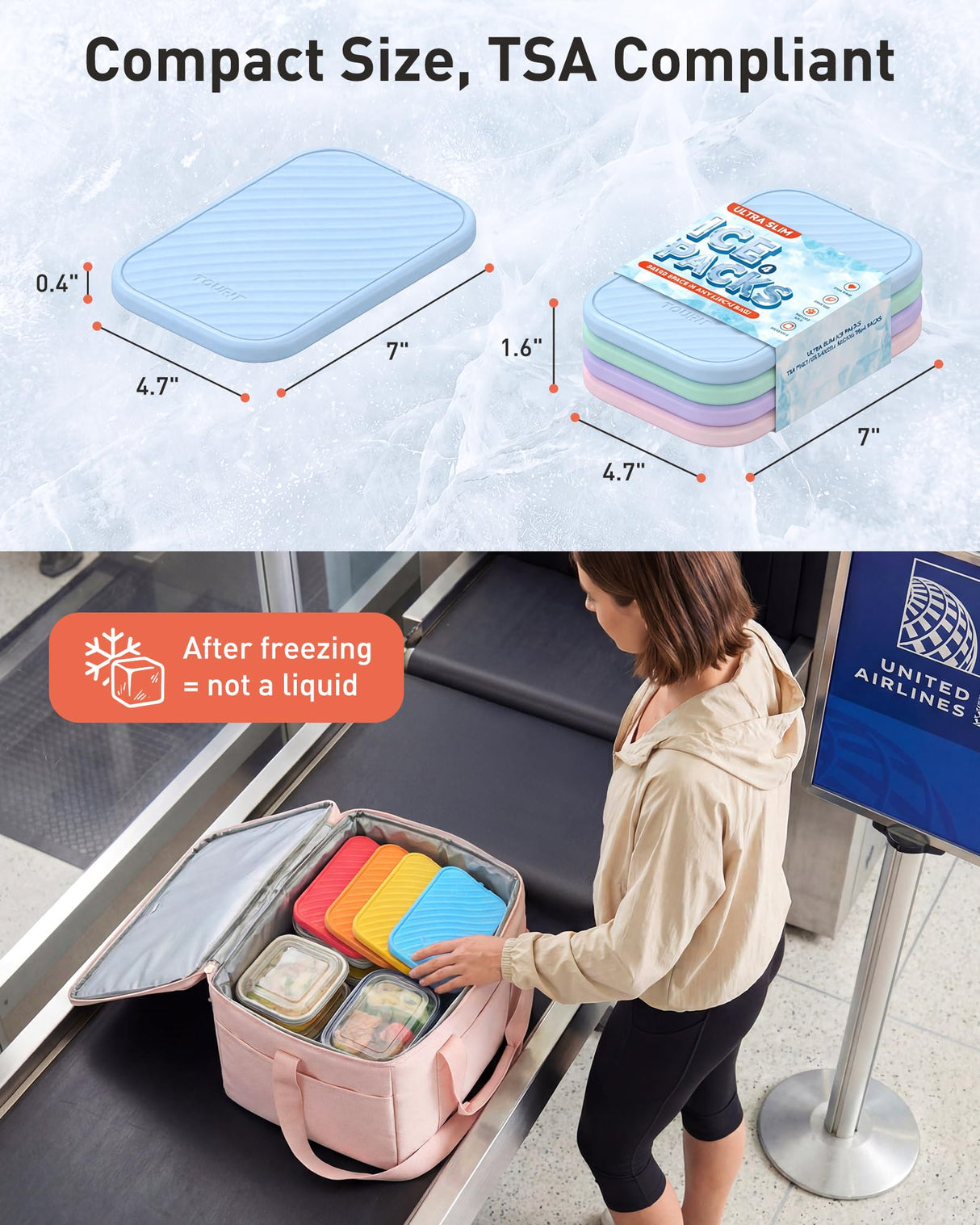 TOURIT Slim Ice Packs for Lunch Boxes and Coolers, 4 Pack Reusable Lunch Box Ice Packs, Long Lasting BPA-Free Non-Toxic Freezer Packs for Lunch Bags, Travel, Picnic or Camping, Baby Blue