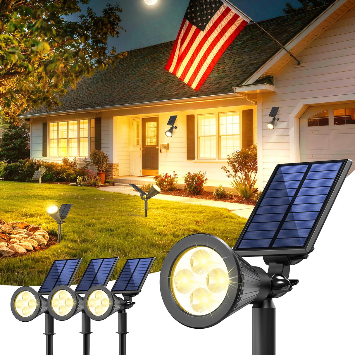 JEJOT 4 Pack Solar Lights Outdoor Waterproof,Warm White Light,2 Lighting Modes,Solar Powered Spotlights for Yard Garden Solar Spot Lights for Flag Landscape Auto On/Off
