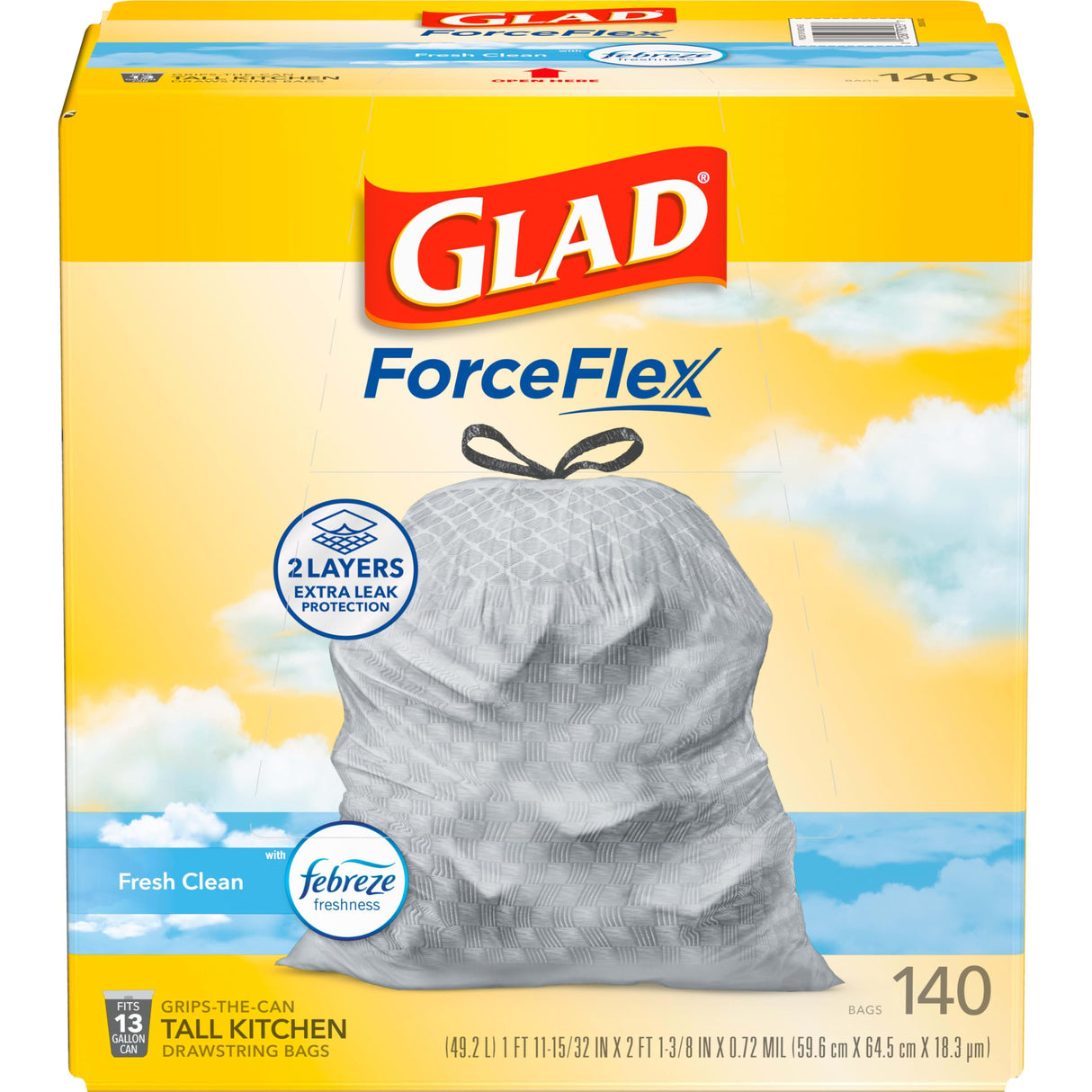 Glad Tall Kitchen Trash Bags 13 Gallon, Febreze Fresh Clean Garbage Bags, Odorshield with Drawstring, 140 Count