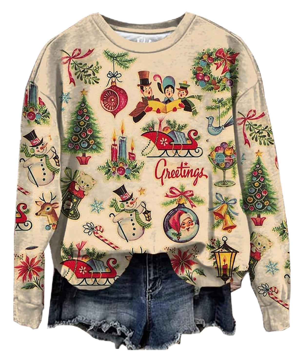 NITRFLA Women Christmas Cartoon Fun Gift Casual Sweatshirt Xmas Novelty Ugly Casual Pullover Fall Sweatshit Gift(Apricot,L)