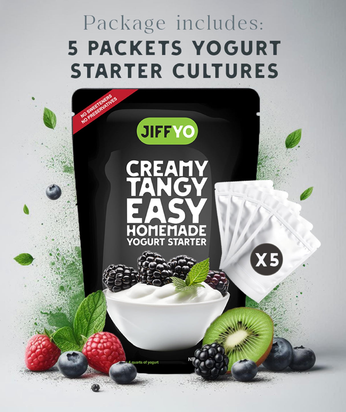 JiffYO Creamy Tangy Easy Homemade Yogurt Starter, 5 Packets, each Packet Makes 1 Gal (4 quarts) of Delicious Homemade Yogurt. No Preservaties or Sweeteners.