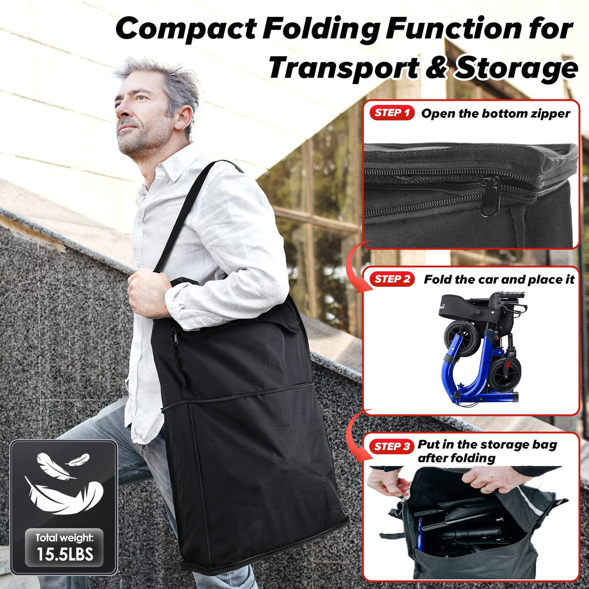 Henmnii Rollator Walker for Seniors, Lightweight Foldable All Terrain Rolling Walker with seat, Aluminum Walkers with 8 inch Rubber Wheels, Handles and Backrest for Seniors and Adult