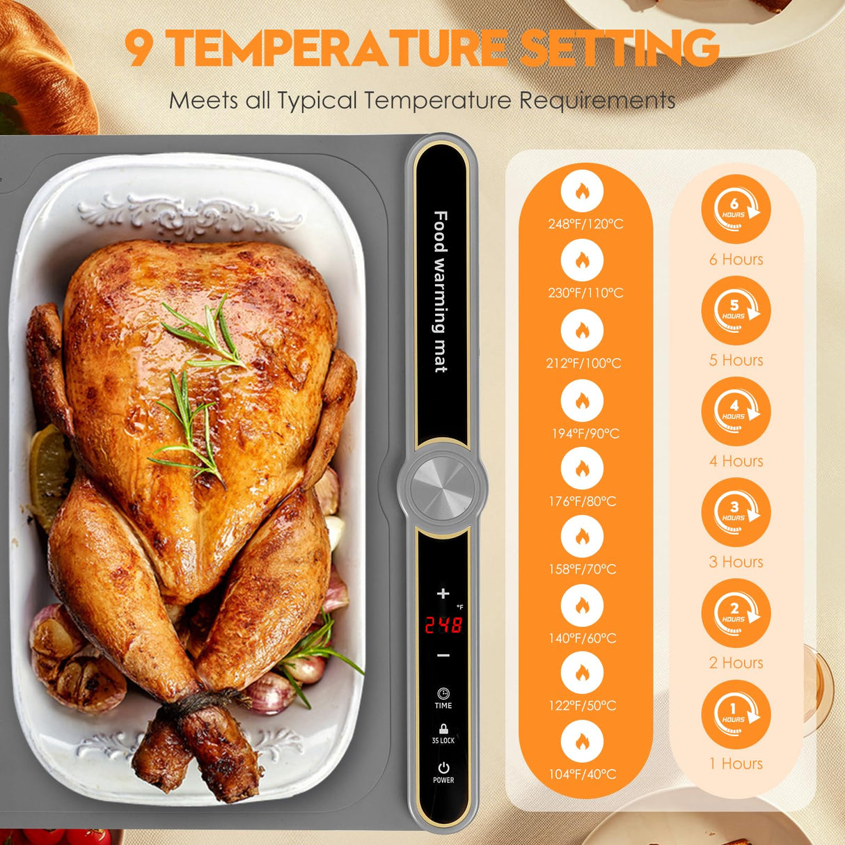 Silicone Warming Mat for Food, Fast Full Surface Heating Electric Warming Tray, 9 Level Temperature Adjustable Warming Kitchen Mat, Roll Up Food Warmer Mat for Countertop, Party, Travel