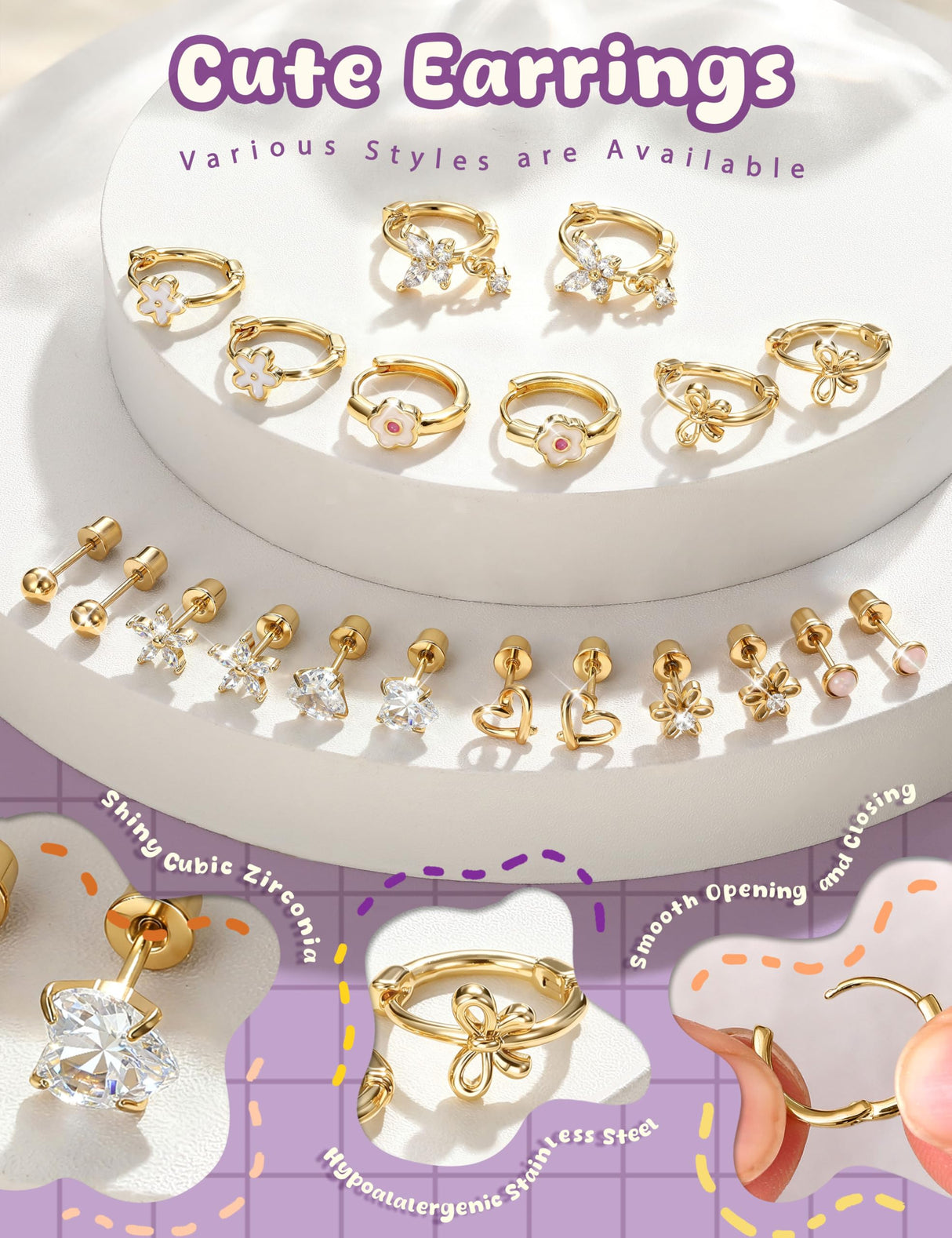 Hypoallergenic Screw Back Earrings for Girls Women - Surgical Steel 14K Gold Plated Cute Toddler Little Girl Kids Earrings for Sensitive Ears Heart CZ Flower Stud Hoop Earring Sets 10 Pairs