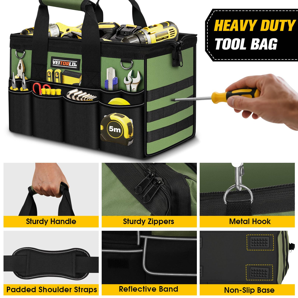Heavy Duty Tool Bag 16-Inch - 19 Pockets Tool Organizer, Portable Electrician Toolbox W/Soft Handle, Christmas Birthday Gift Ideas for Men Dad Husband Him Mechanic Plumber, Wide Mouth Tool Storage Box