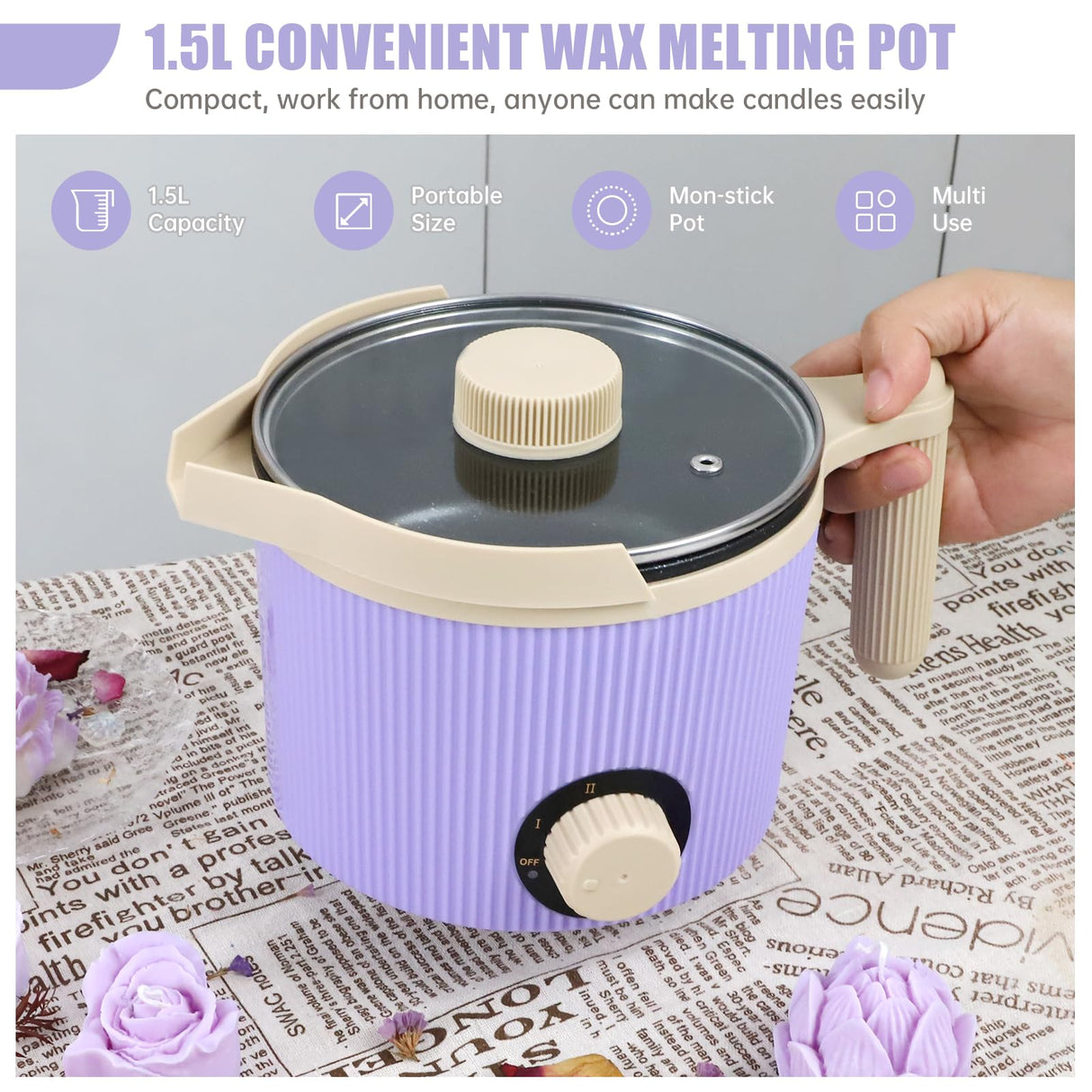 TOAUTO Handheld Candle Melting Pot 3Lbs Small Wax Melting Pot with Easy Pour Spout, Two Power Levels, Easy Clean Non-Stick for DIY Crafting Beginner Purple