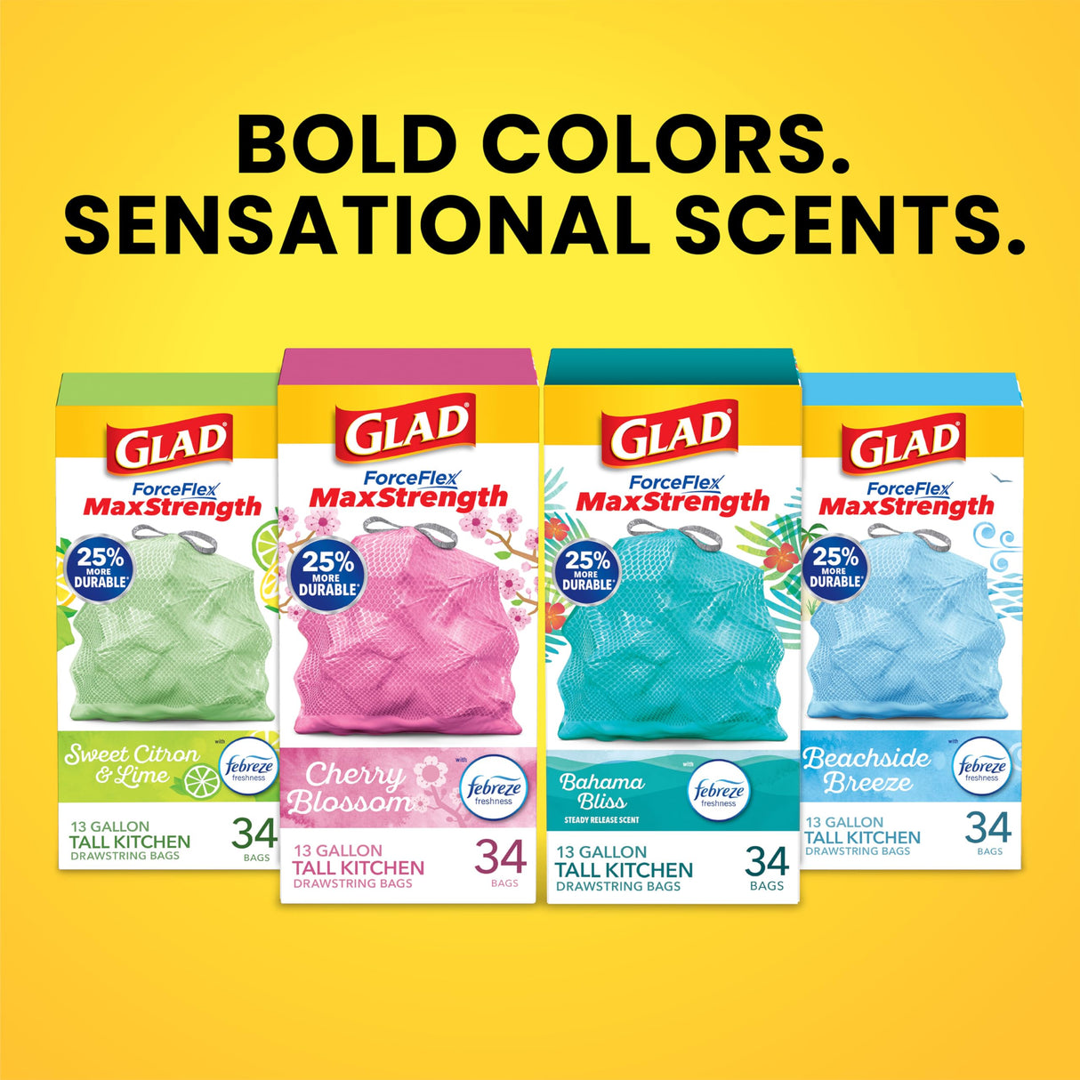 Glad Tall Kitchen Trash Bags 13 Gallon, MaxStrength Cherry Blossom Garbage Bags, Drawstring, 90 Count