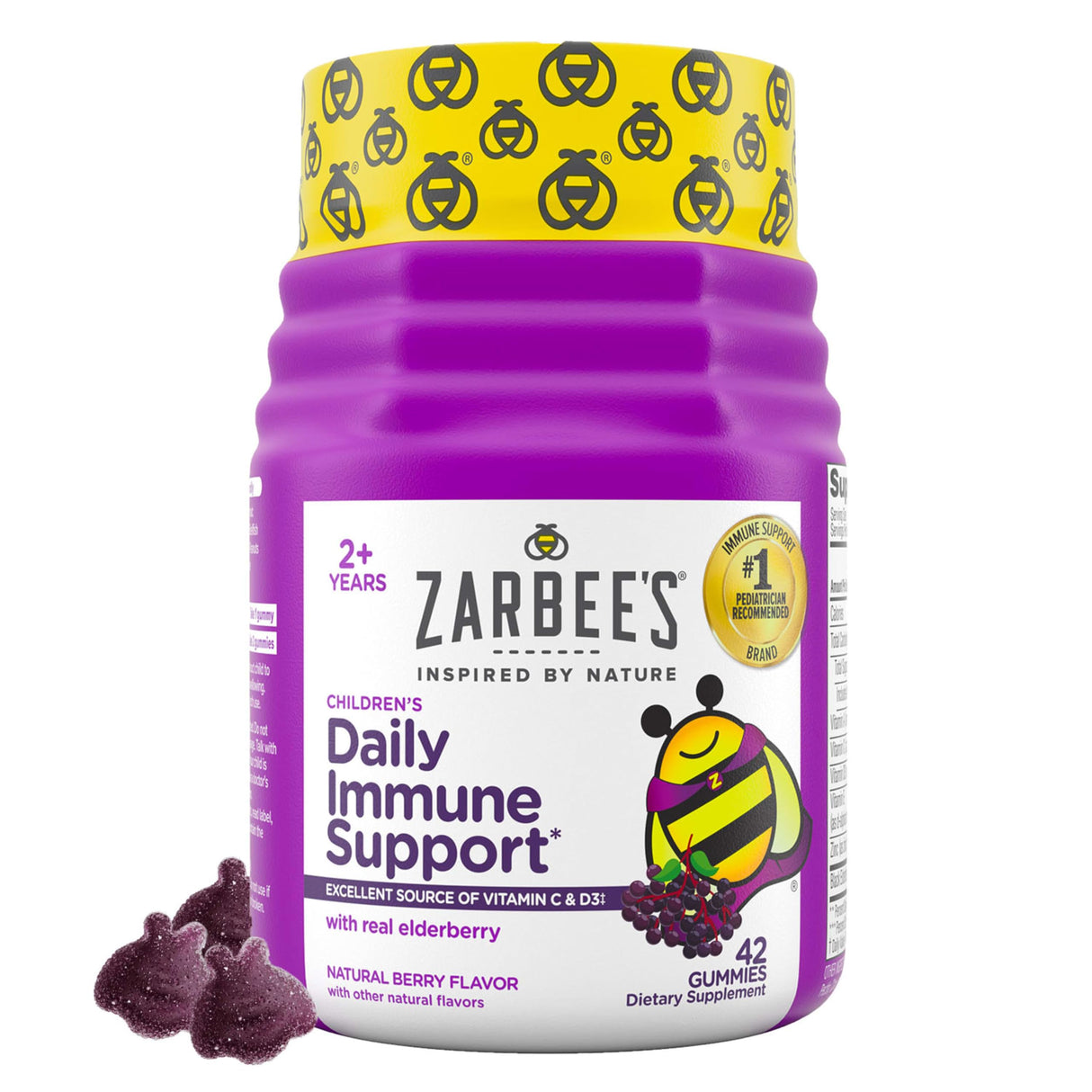 Zarbee’s Kids Elderberry Immune Support* Gummies, Daily Vitamins A C D3 E & Zinc, Real Elderberry Extract, Gelatin & Gluten Free, No Artificial Flavors, Natural Berry Flavor, Ages 2+, 42 Ct Bottle