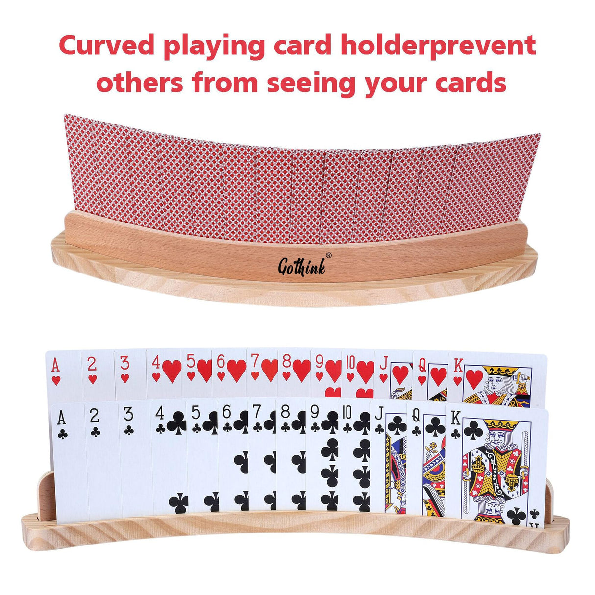 GOTHINK Set of 4 - Cruved Playing Card Holder for Kids Adult Seniors 2 Slot Solid Wood Cards Holders for Playing Cards 14 x 1.6 x 1.8 Inch Non Slip Card Deck for Bridge Canasta Strategy Card Games
