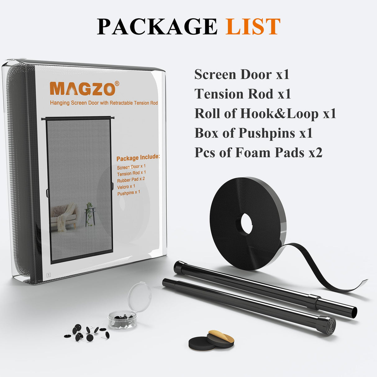 MAGZO Hanging Screen Door Curtain, Fits Door Size 32" x 80" (Mesh Size 34'' x 81''), Durable Fiberglass with Tension Rod and Hook&Loop (One Piece Can be Installed in 2 Ways), Weighted Bottom, Grey