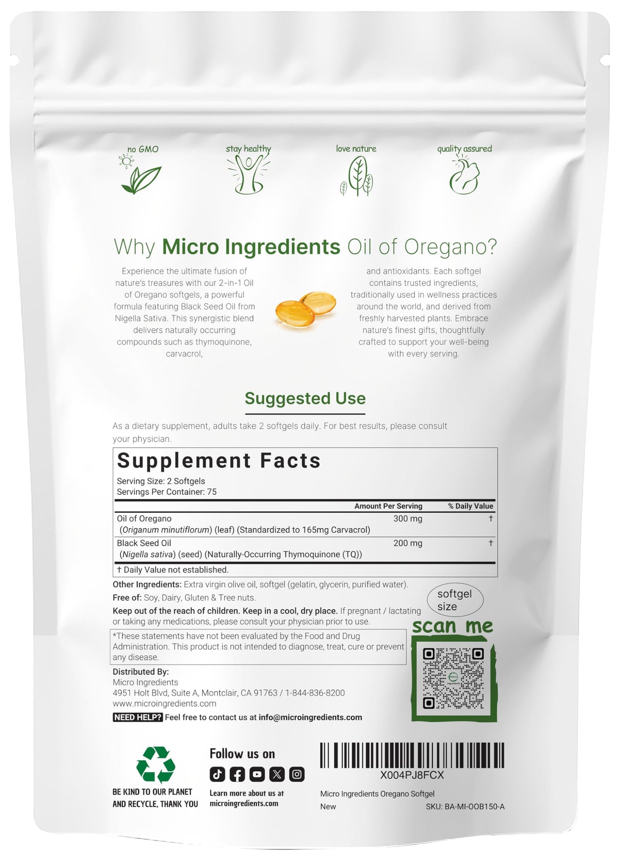 Micro Ingredients Oil of Oregano Softgels, 150 Count | 2 in 1 Formulated with Black Seed Oil, 4X Strength Carvacrol & Thymoquinone | Plant Based, Non-GMO & Immune Support