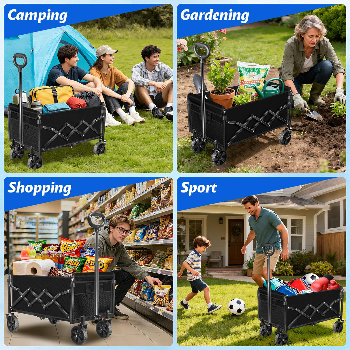 Wagons Cart Foldable, 360 Lbs with Adjustable Handle, Black Lightweight Portable, Collapsible Wagon for Beach Trip, Camping, Shopping, Sports, Travel, Picnic and Grocery (Black)