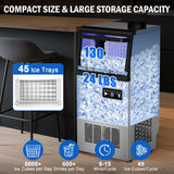 Commercial Ice Maker Machine 130 LBS/24H, 45 Ice Trays Freestanding & Undercounter Ice Machine Stainless Steel with 20 LBS Ice Storage Capacity, Ice Maker with Water Line and Filter, Dual Water Inlet