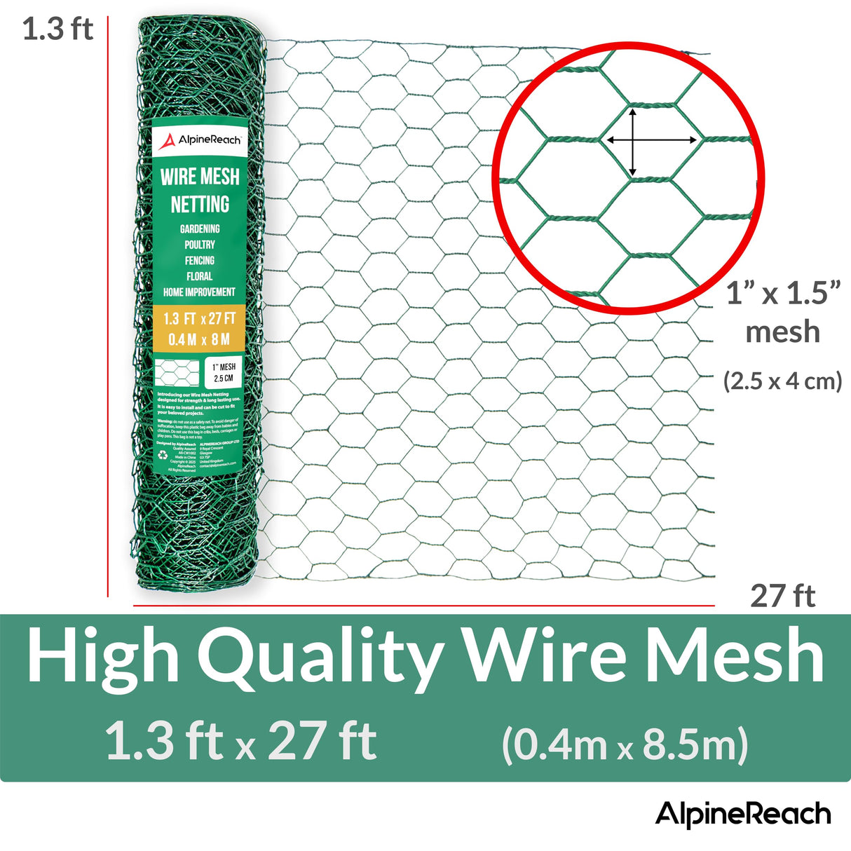AlpineReach Chicken Wire 1.3ft x 27ft Fencing for Poultry, Crafts, Floral Arrangements, Zip Ties - Green Mesh Roll Galvanized Hexagonal PVC Coated Garden Netting for Gardening Fence (15.6" x 324")