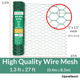 AlpineReach Chicken Wire 1.3ft x 27ft Fencing for Poultry, Crafts, Floral Arrangements, Zip Ties - Green Mesh Roll Galvanized Hexagonal PVC Coated Garden Netting for Gardening Fence (15.6" x 324")