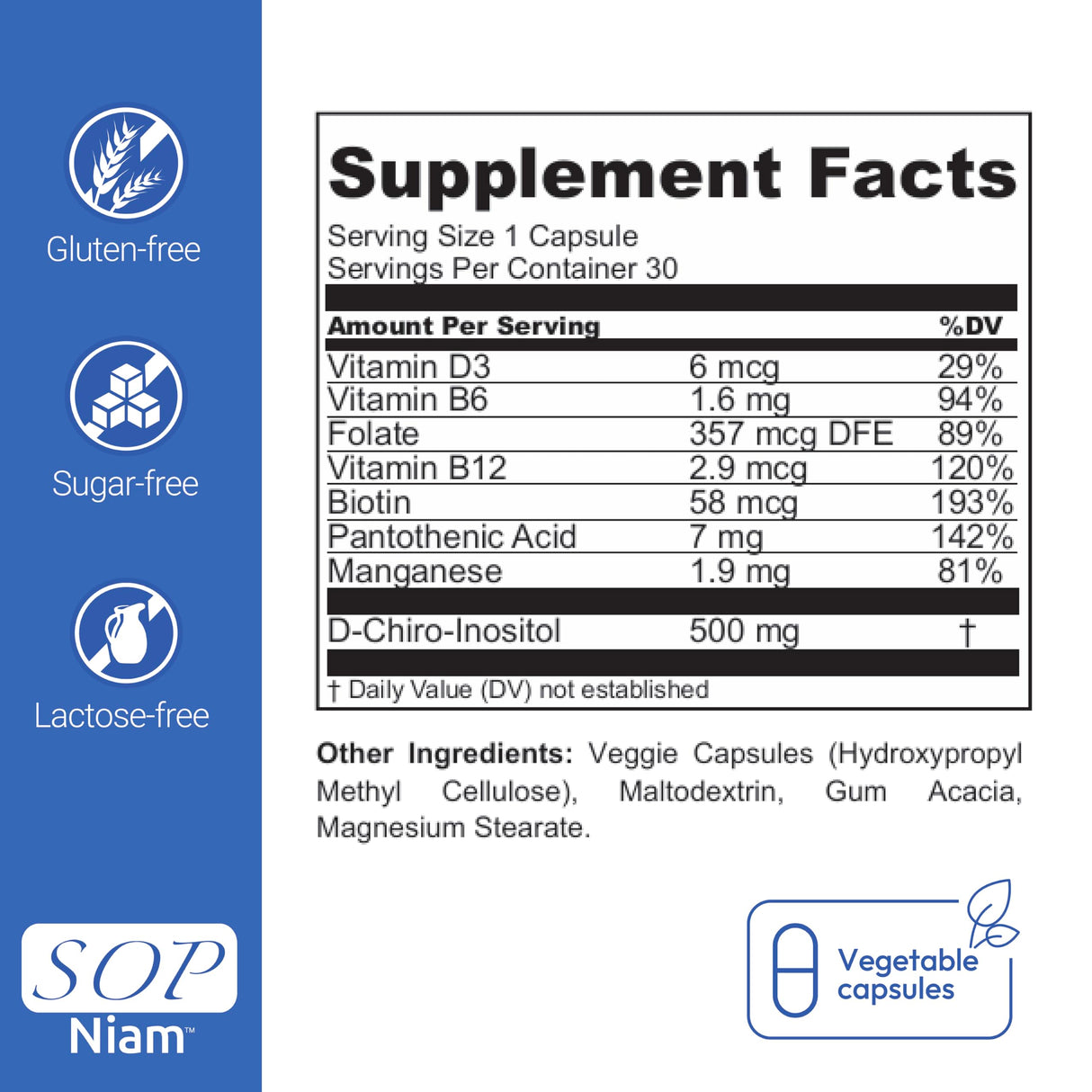 PCOS SOP Niam | D-Chiro Inositol Supplement - 500mg | Folic Acid, Vitamin B6, B12, D3 & Biotin | Polycystic Ovary Syndrome | Hormonal Balance | 30 Capsules