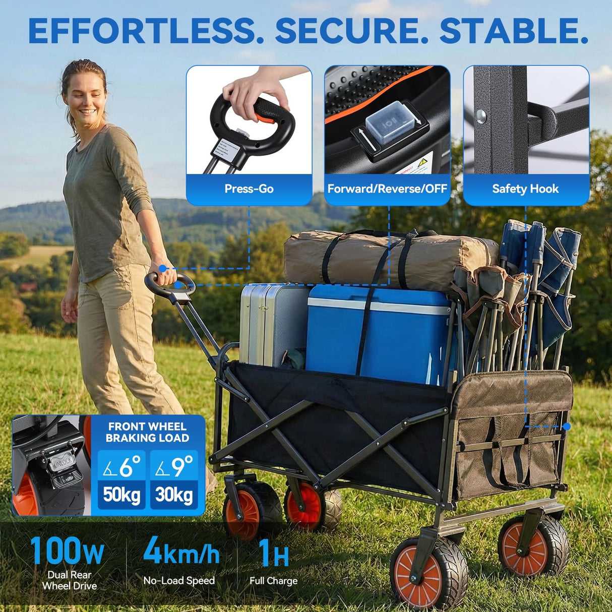 Sushar Electric Wagon Cart Foldable Heavy Duty with All Terrain Wheels, Power Assist Utility Wagon 340 lb Capacity Removable Battery for Beach Camping Garden, Black