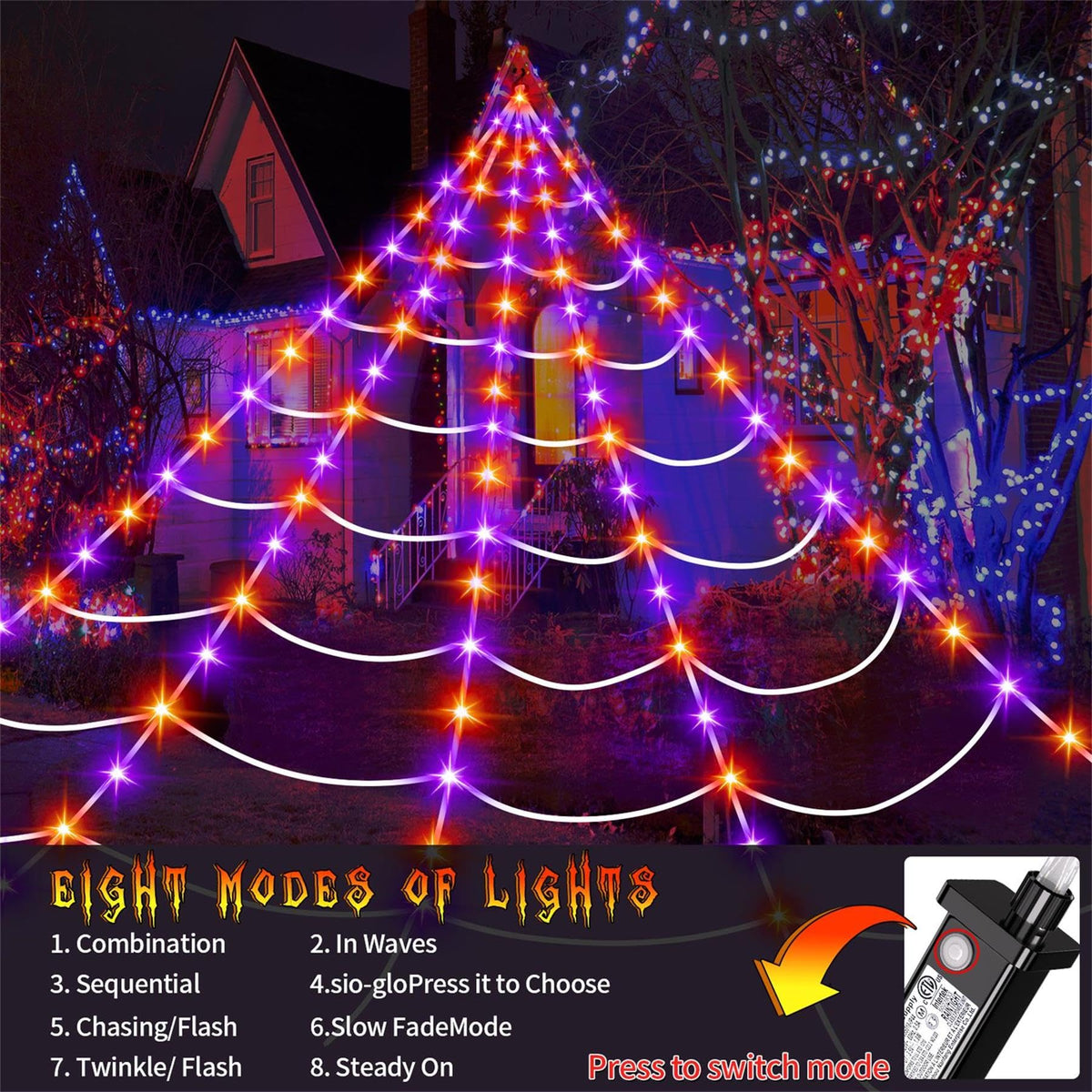 Halloween Giant Spider Web Lights Decorations Outdoor, 16.4Ft 200 LED Lighted Spider Web Light up with 8 Modes for Yard House Decor