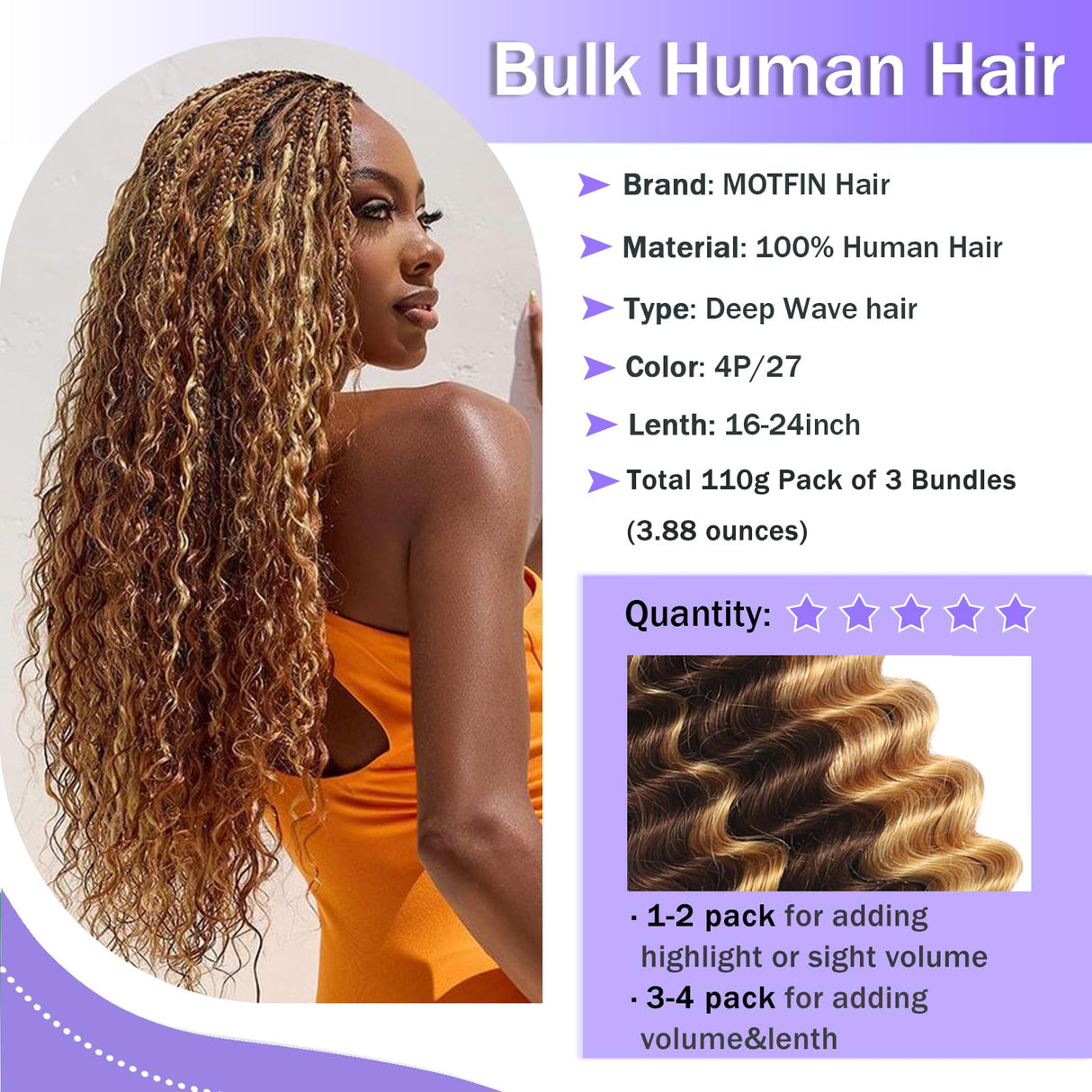 Human Braiding Hair for Boho Braids Human Hair 3 Bundles/Pack 110g 20 Inch Deep Wave Bulk Human Hair for Braiding Curly Knotless 12A Brazilian Virgin Ombre Balayage