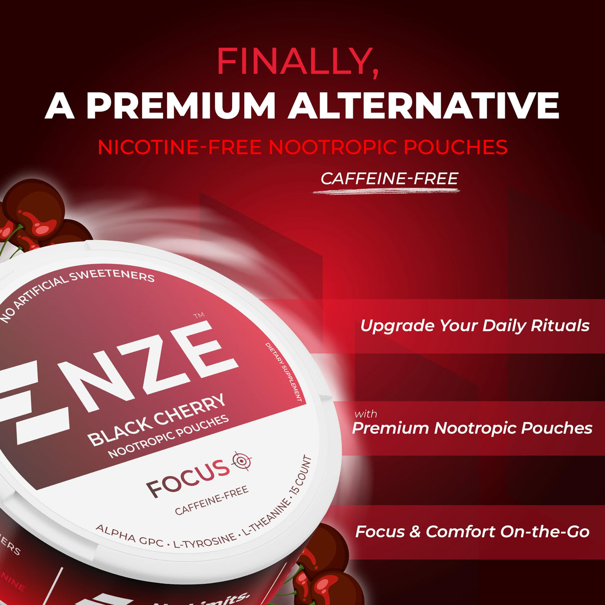 NZE Caffeine Free Nootropic Pouches (Black Cherry) - Nootropic Pouches with Alpha GPC, L-Tyrosine & L-Theanine - No Sugar or Artificial Sweeteners - 15 Pouches Per Can - 5 Pack