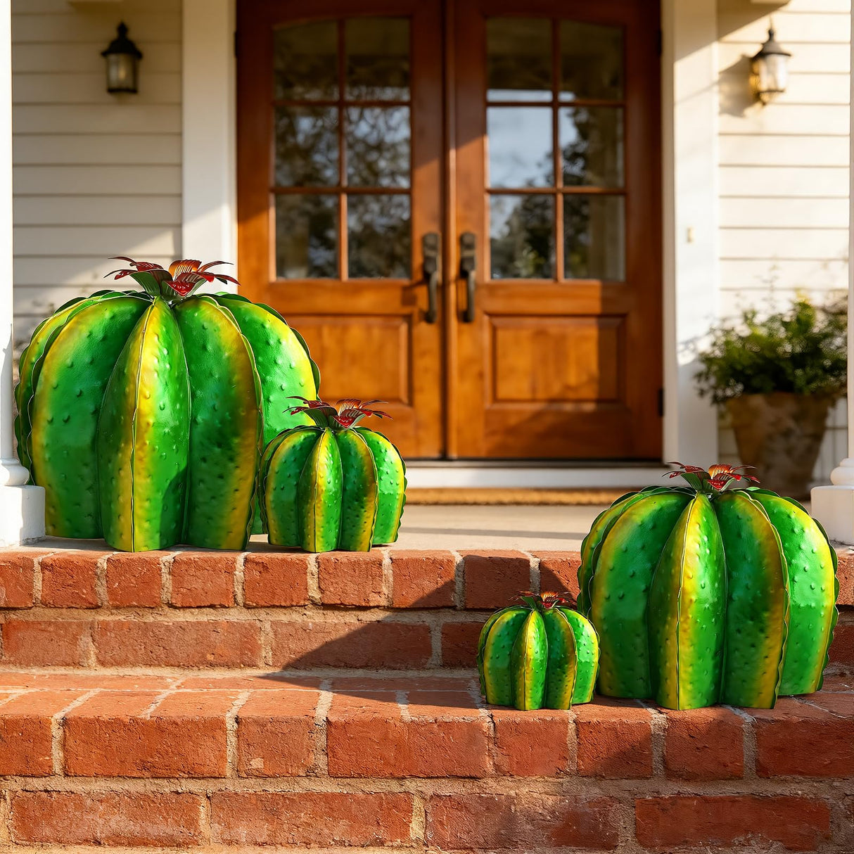 KODIBO Metal Cactus Yard Art, 4-Pack Artificial Barrel Cactus with Flower