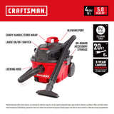 CRAFTSMAN CMXEVBE17040 4 Gallon 5.0 Peak HP Wet Dry Shop Vacuum