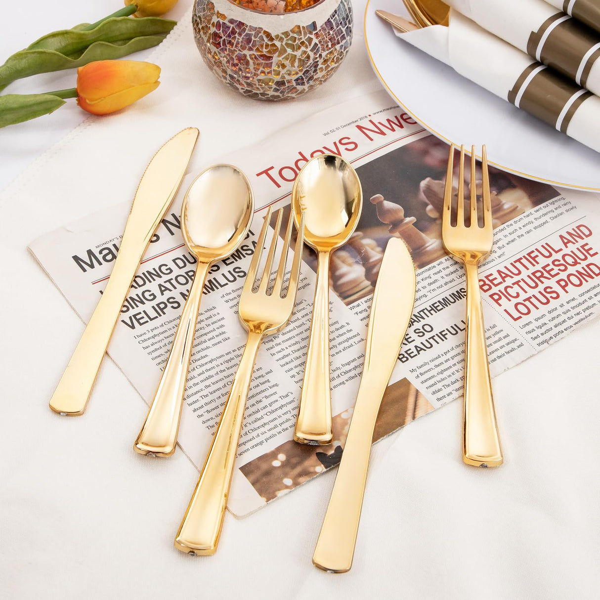 Supernal 120Pack Gold Plastic Silverware Wrapped Plastic Cutlery Set with Napkin,Pre Rolled Napkins with Cutlery Set,Rolled Silverware Disposable For Halloween Thanksgiving Christmas