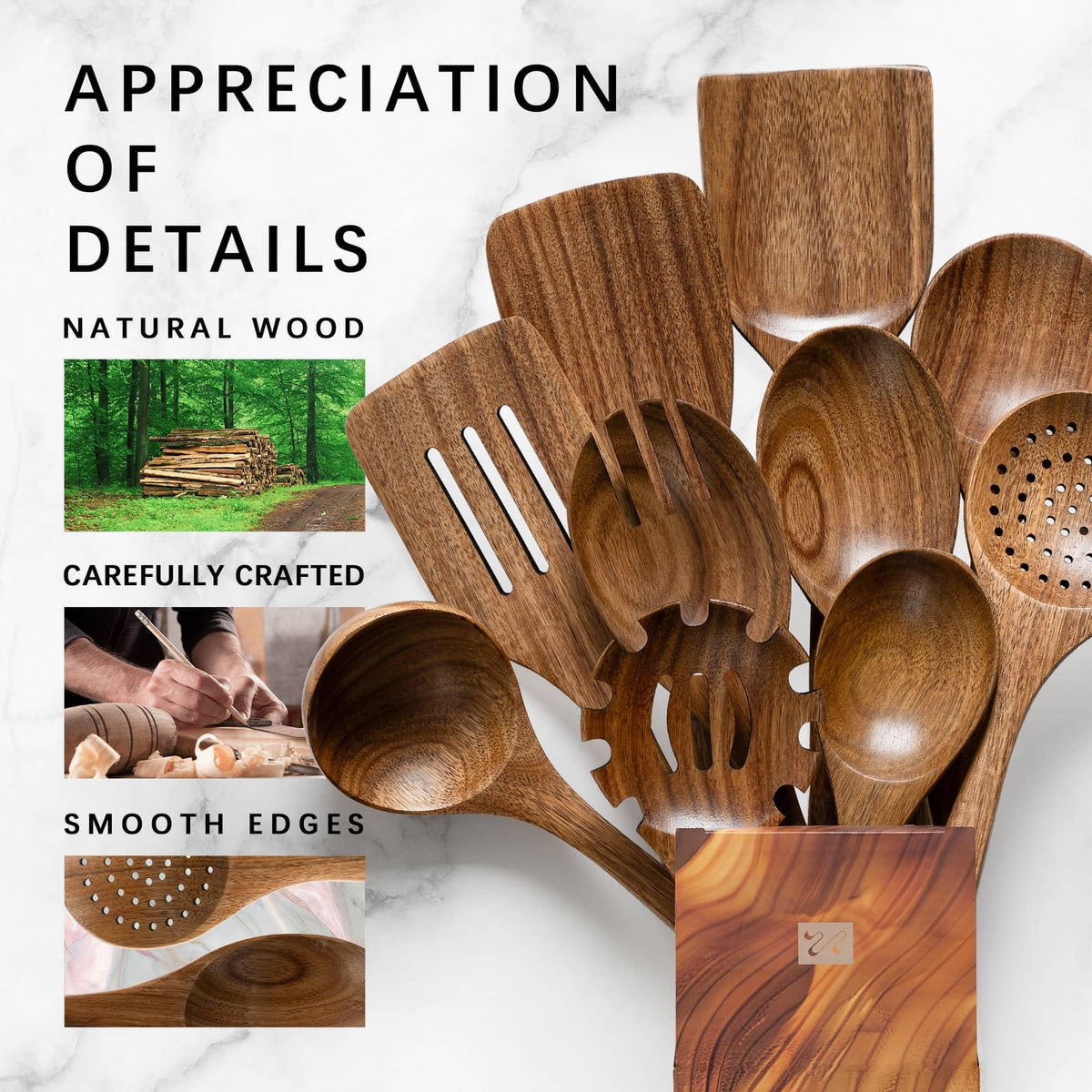 Hefild Wooden Spoons for Cooking, 10-Piece Acacia Wood Cooking Utensil Set