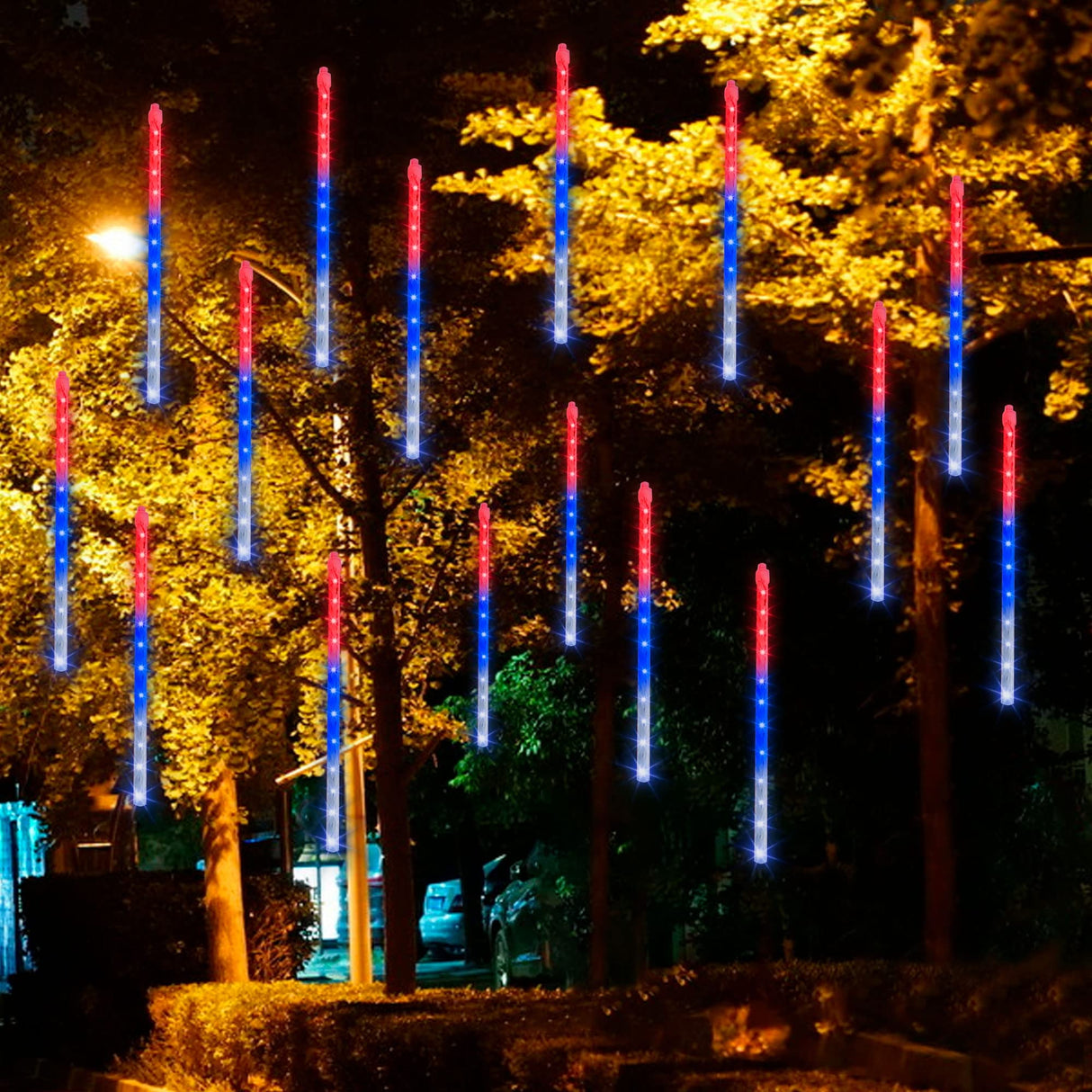Dazzle Bright 4th of July Lights Decorations, 288LED Red Blue and White Meteor Shower Rain Lights 12Inch 8 Tubes, Waterproof Plug in Falling Rain Light Independence Day for Outdoor Yard