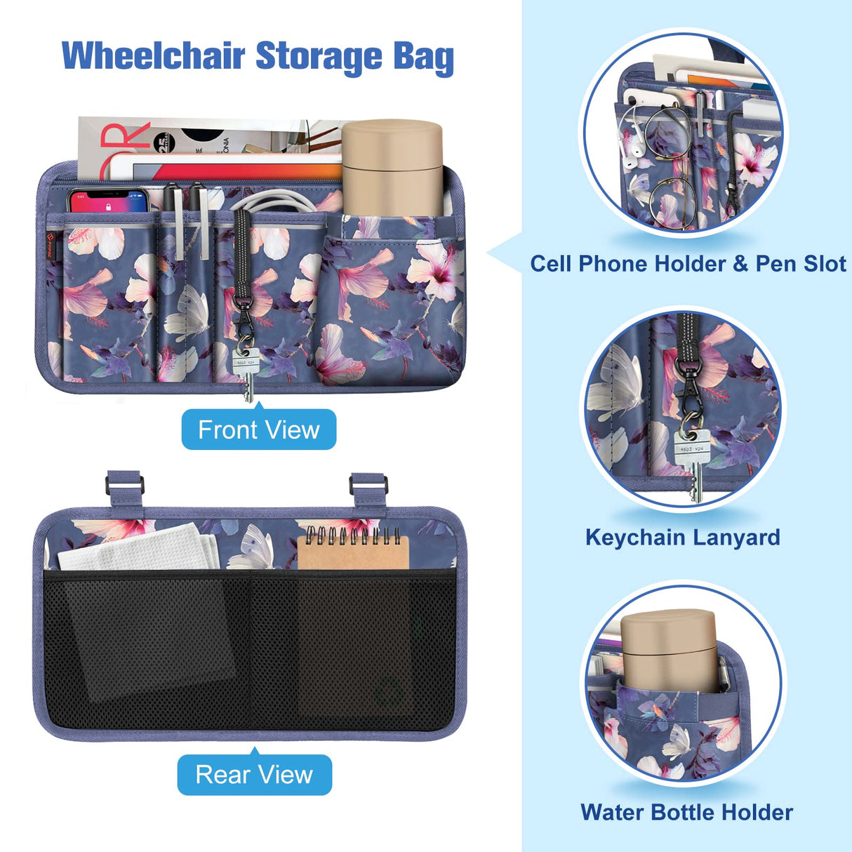 FINPAC Wheelchair Side Storage Bag w/Cup Holder, Wheelchair Armrest Accessories Pouch with Pen Slot and Reflective Strips for Power Walkers, Rollators, Seniors - Blooming Hibiscus