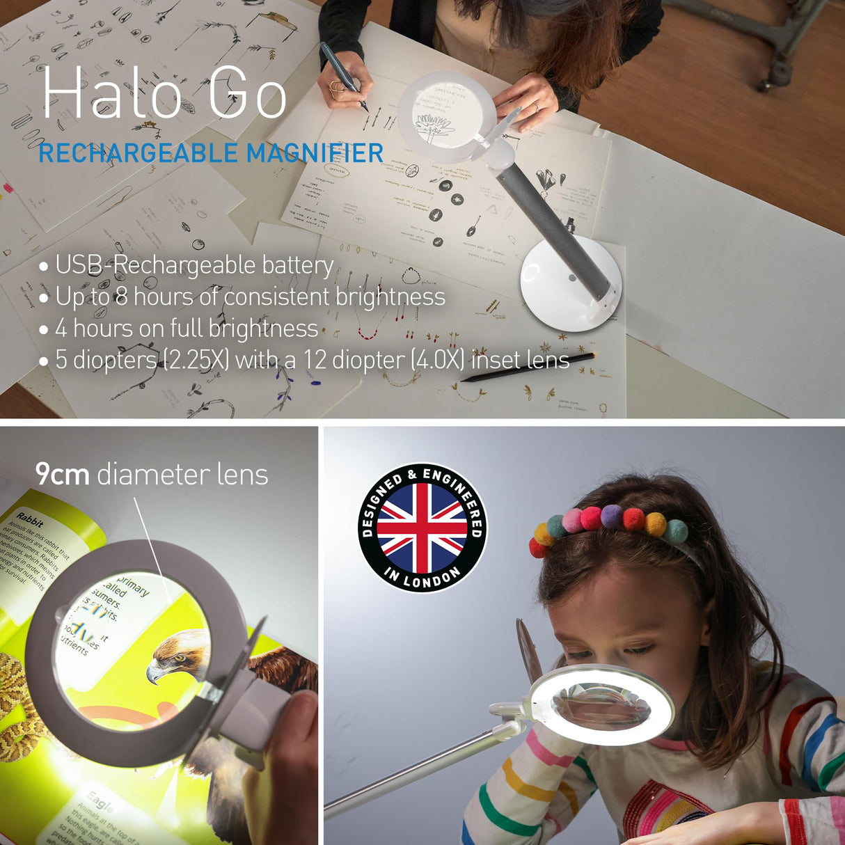 daylight Company Halo Go Magnifier Lamp, Rechargeable USB, Portable, Lightweight, Desk Lamp Reading, Hobbies, Sewing, Crafts, Nail Salon, Handcrafts and More, Colour Temperature: 6,000 K, White