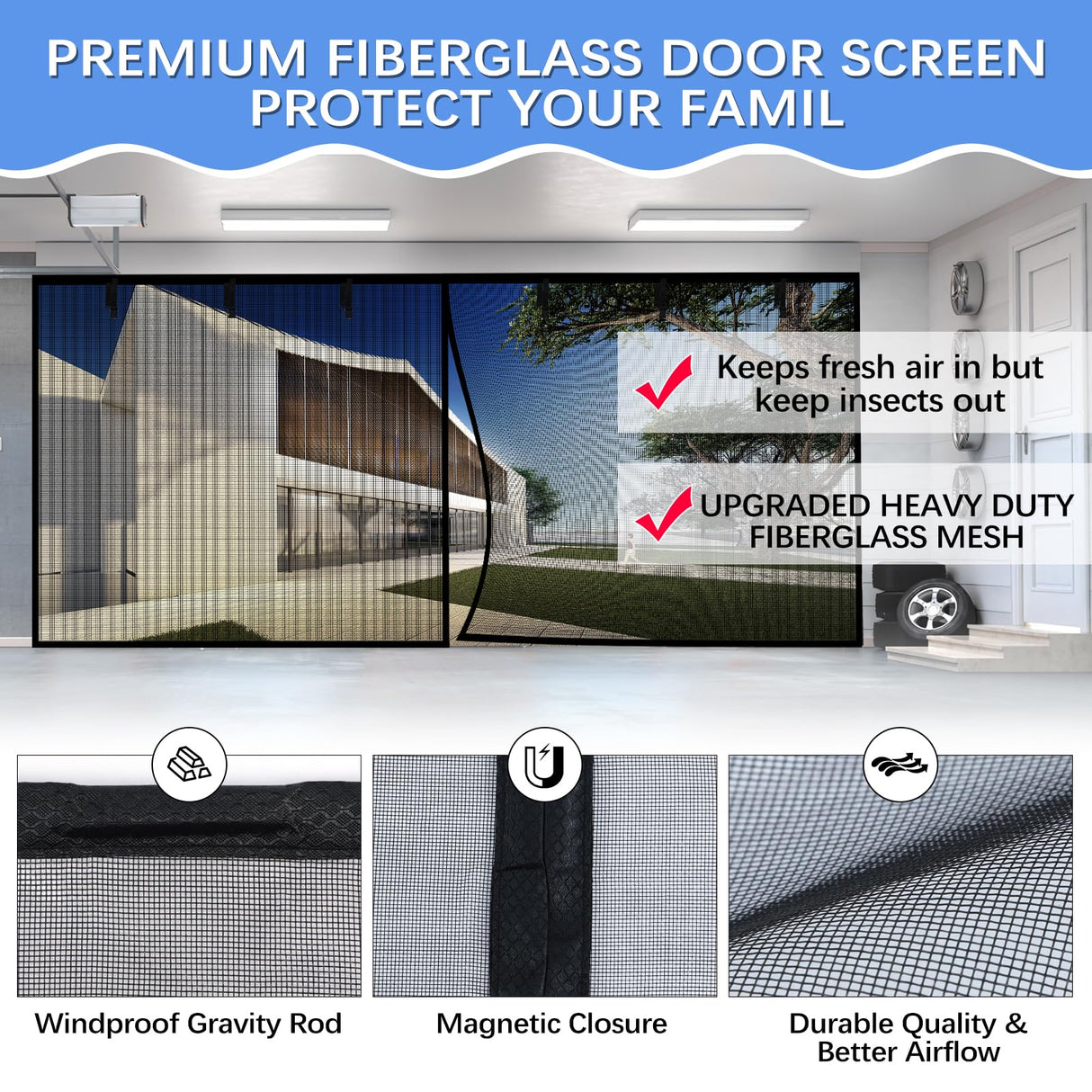 Garage Door Screen for 1 Car Garage 10x7FT, Magnetic Screen Garage with Retractable Fiberglass Mesh and Heavy Duty Weighted Bottom, Easy Assembly & Pass, Hands Free Screen Door Kit